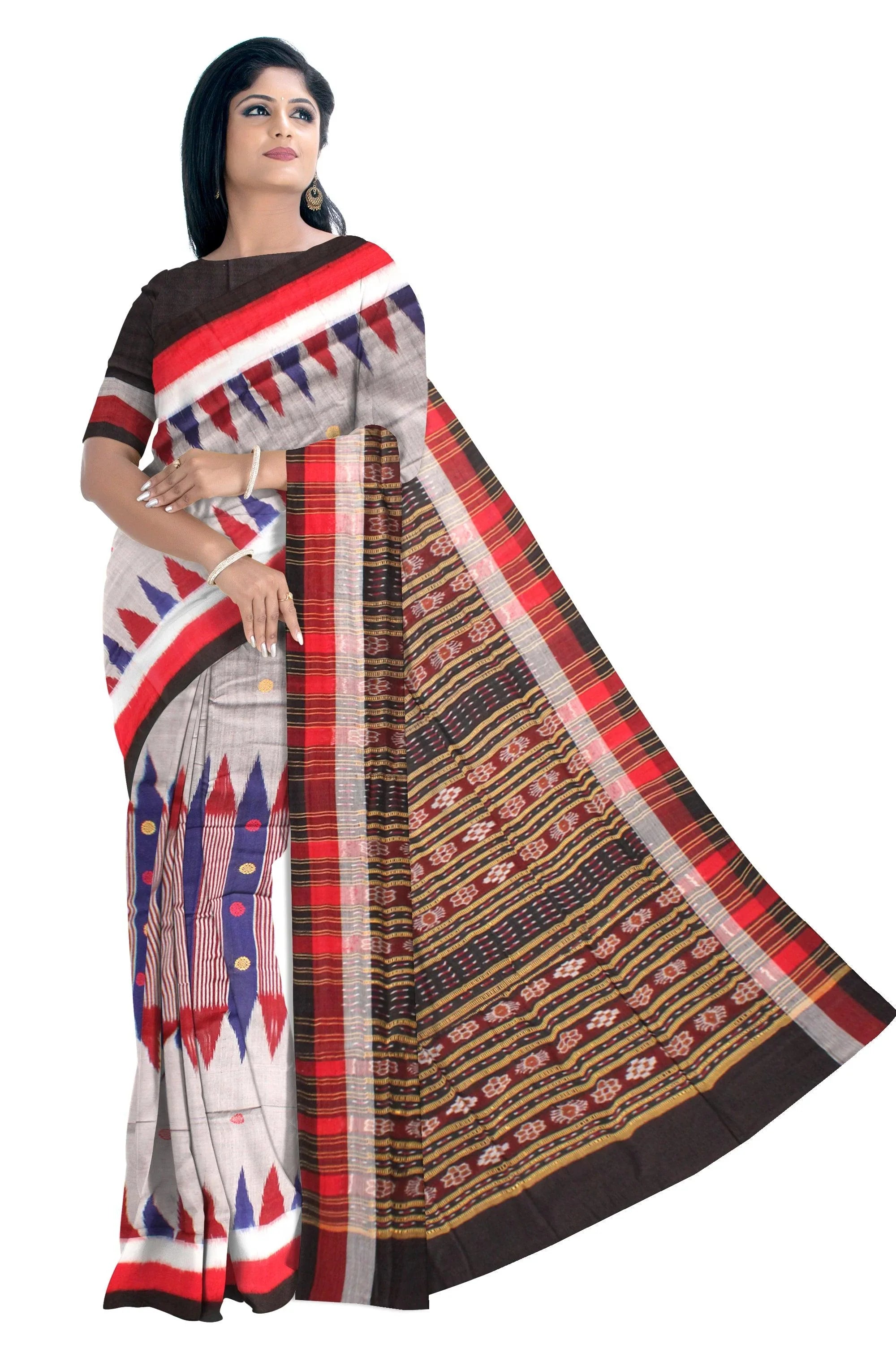 Samblpuri saree in Kumbha design in Peach and Blue colour cotton saree with blouse piece. - Koshali Arts & Crafts Enterprise