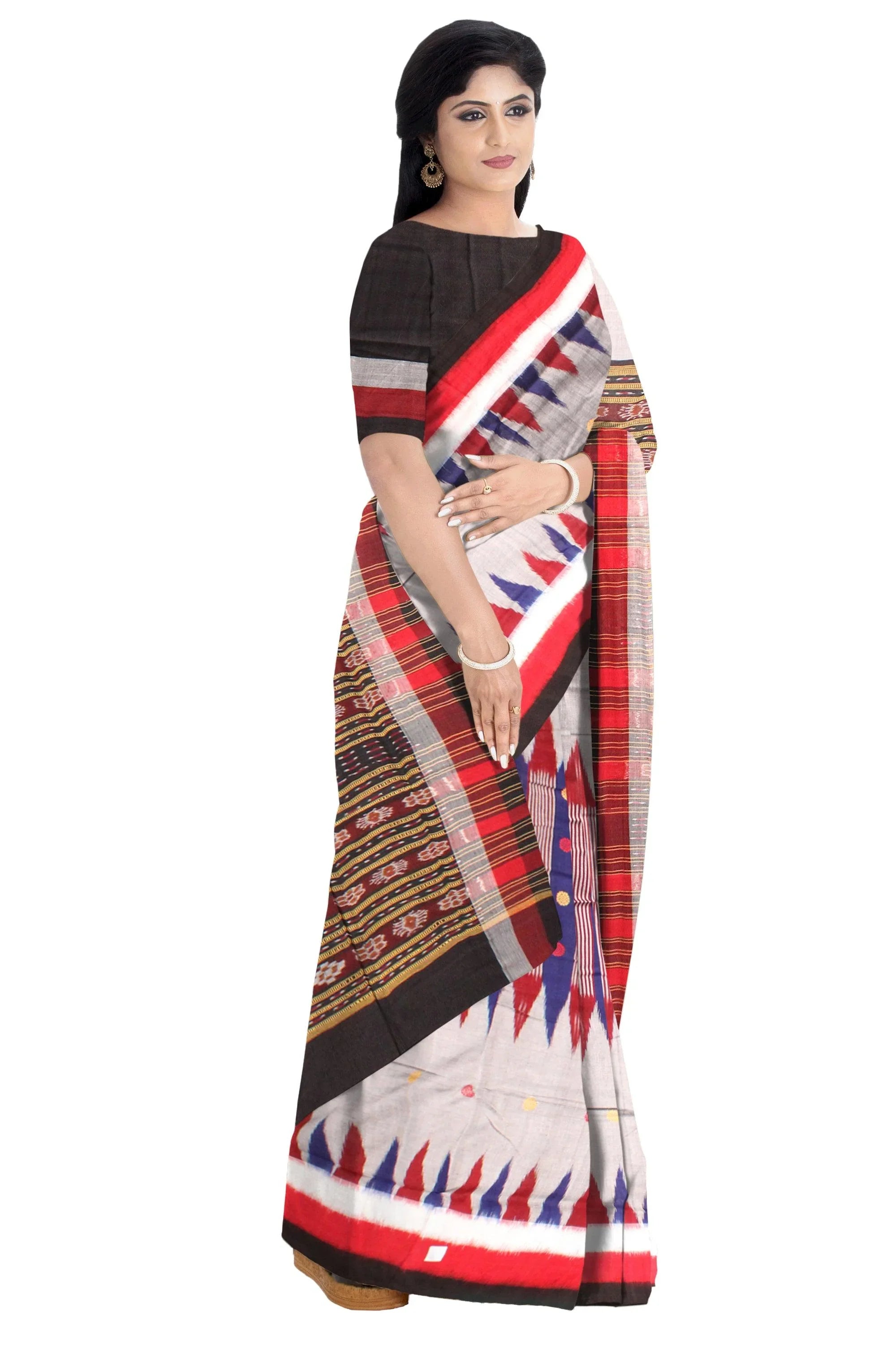 Samblpuri saree in Kumbha design in Peach and Blue colour cotton saree with blouse piece. - Koshali Arts & Crafts Enterprise