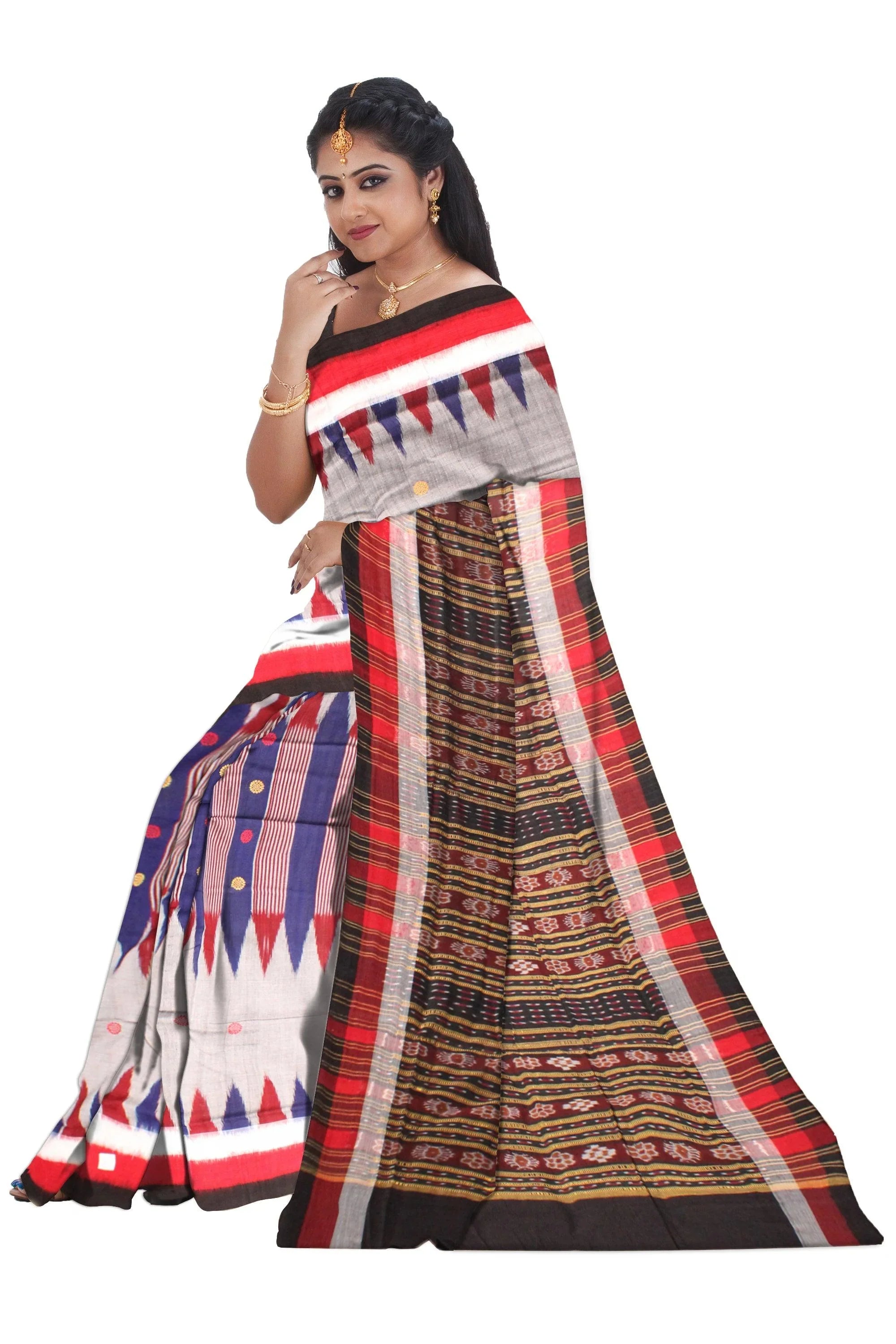 Samblpuri saree in Kumbha design in Peach and Blue colour cotton saree with blouse piece. - Koshali Arts & Crafts Enterprise