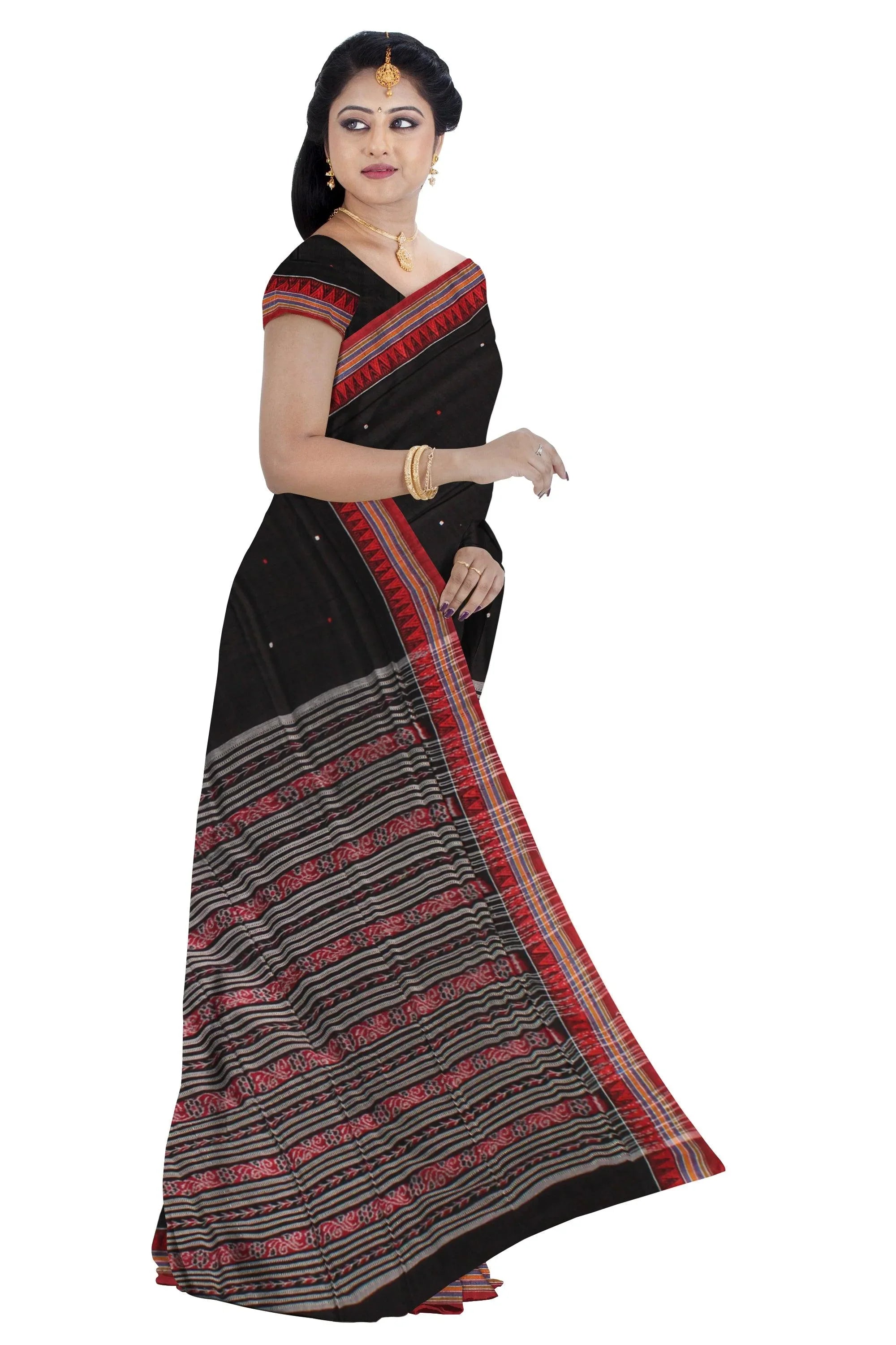 Sambalpuri Saree in Black colour Small Booty in Body with blouse piece. - Koshali Arts & Crafts Enterprise