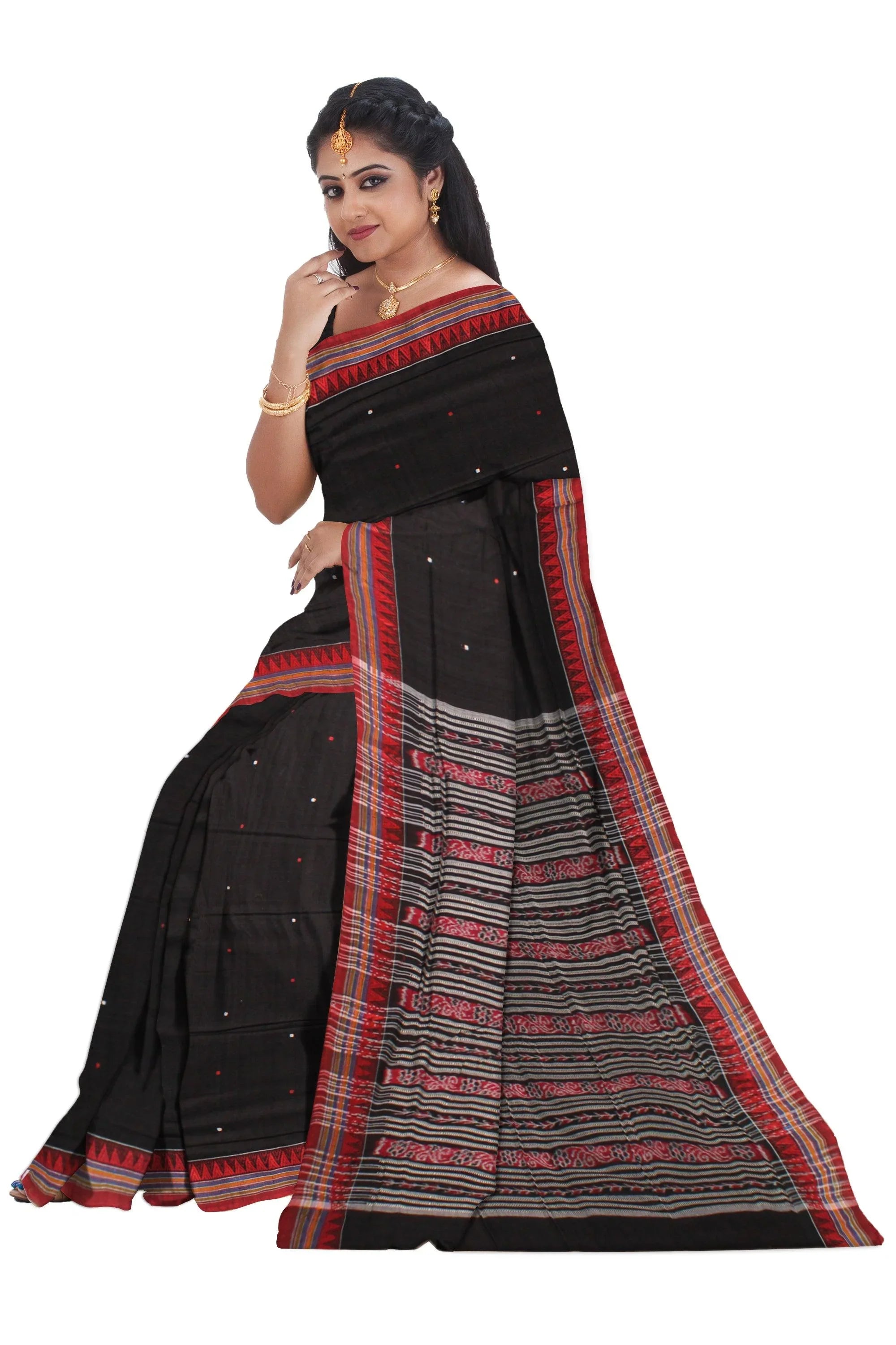 Sambalpuri Saree in Black colour Small Booty in Body with blouse piece. - Koshali Arts & Crafts Enterprise