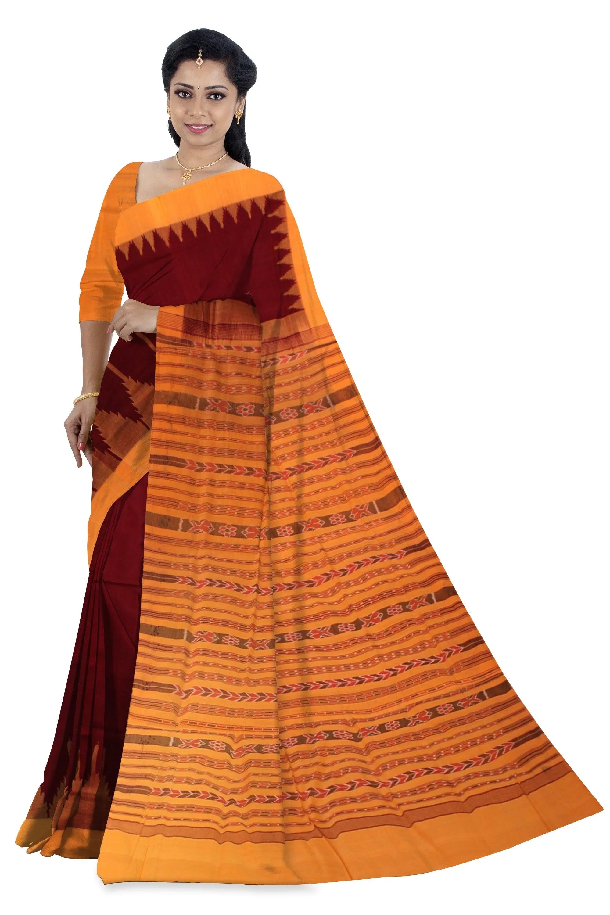 Sambalpuri Cotton saree in Maroon colour with blouse piece. - Koshali Arts & Crafts Enterprise