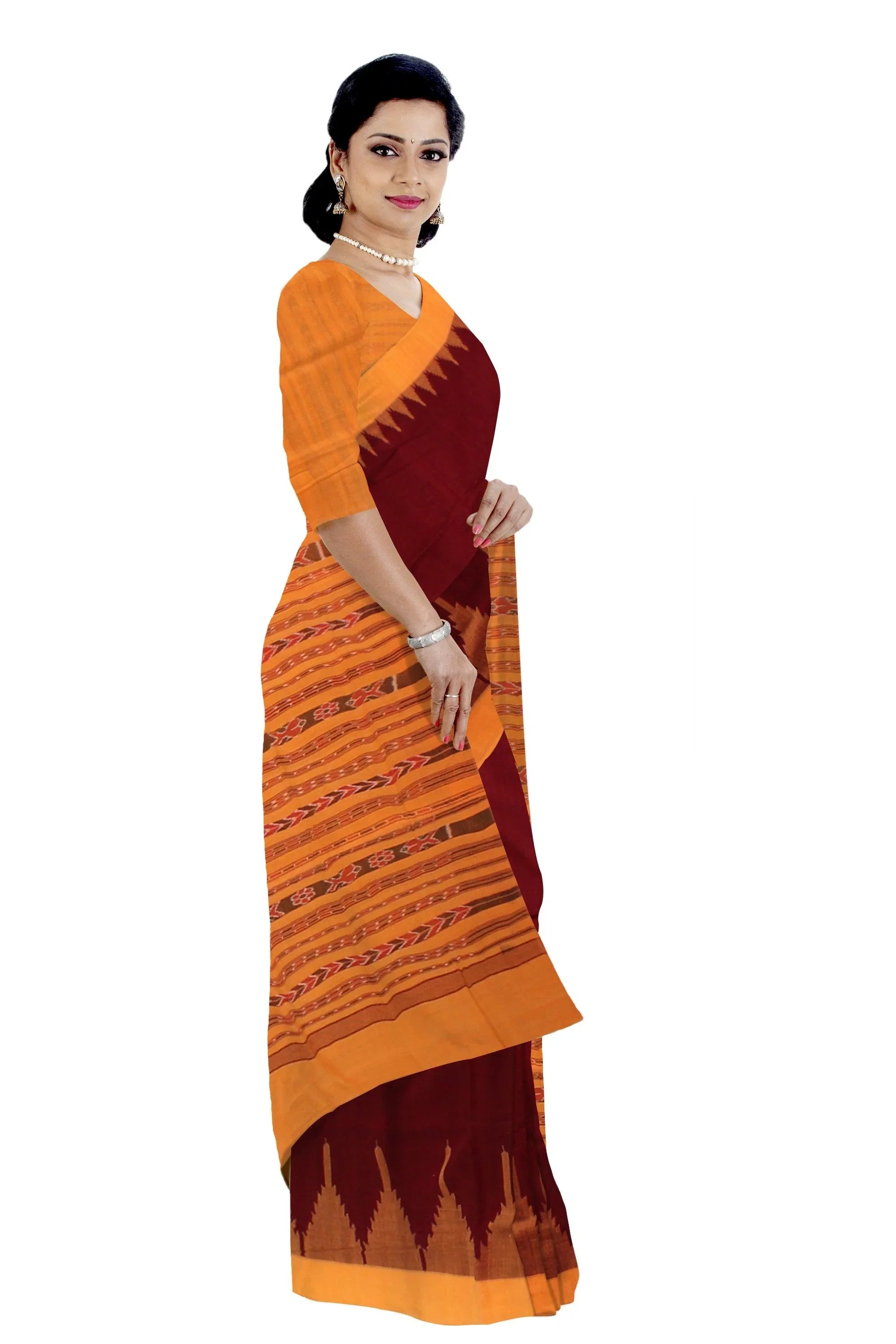 Sambalpuri Cotton saree in Maroon colour with blouse piece. - Koshali Arts & Crafts Enterprise