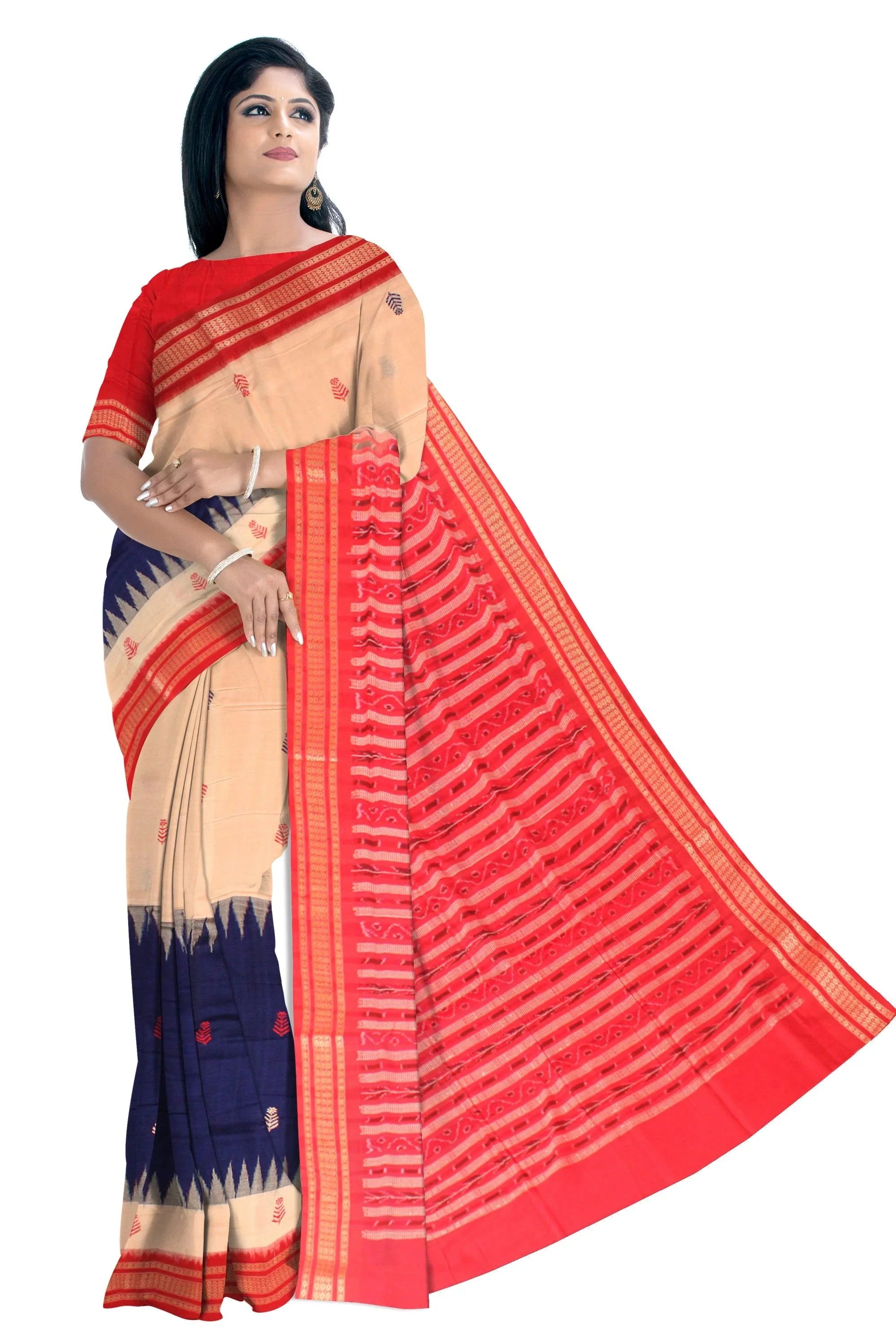 Latest design Booty pattern Sambalpuri cotton saree in Peach and Blue color with blouse piece. - Koshali Arts & Crafts Enterprise