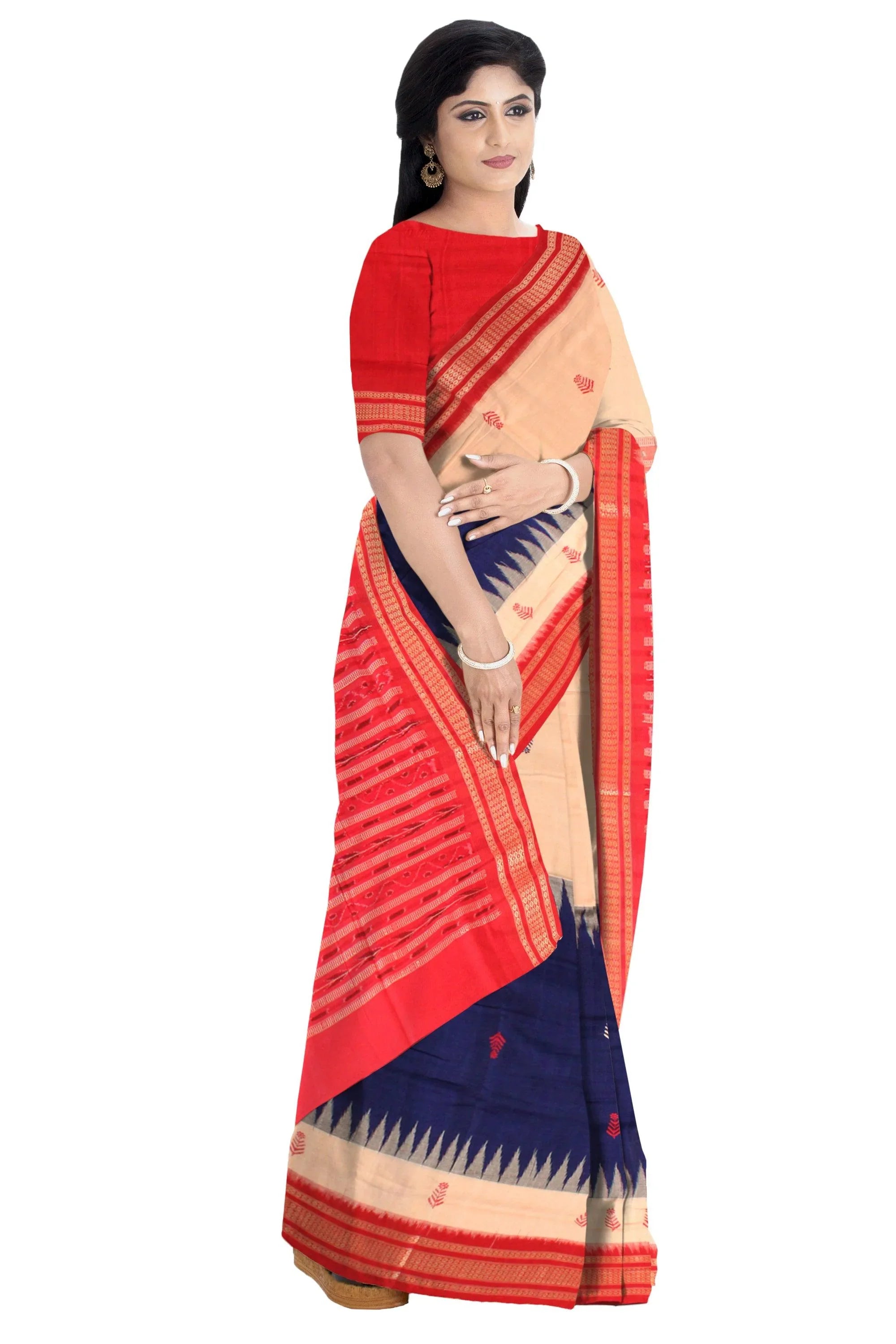 Latest design Booty pattern Sambalpuri cotton saree in Peach and Blue color with blouse piece. - Koshali Arts & Crafts Enterprise