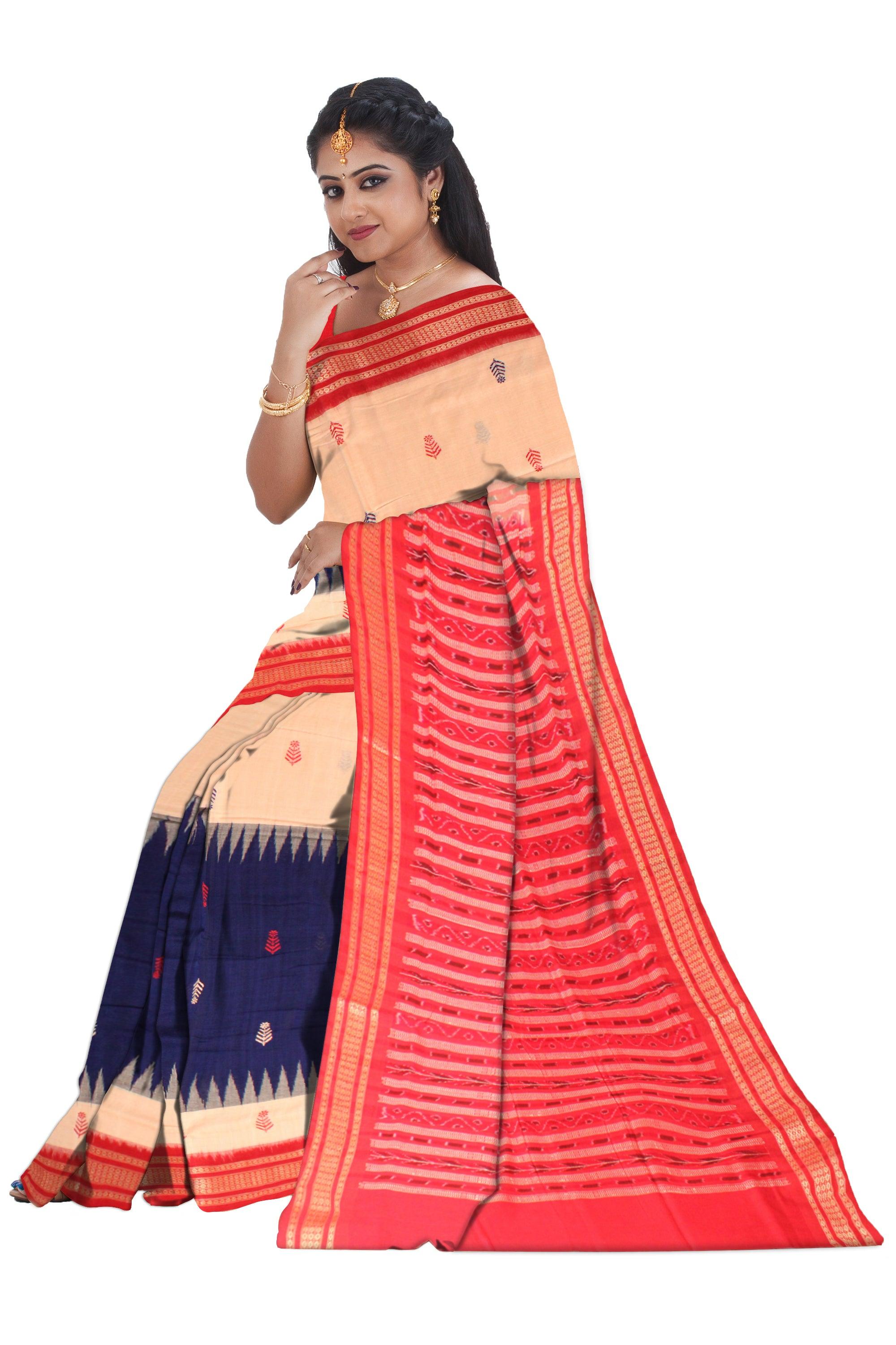 Latest design Booty pattern Sambalpuri cotton saree in Peach and Blue color with blouse piece. - Koshali Arts & Crafts Enterprise