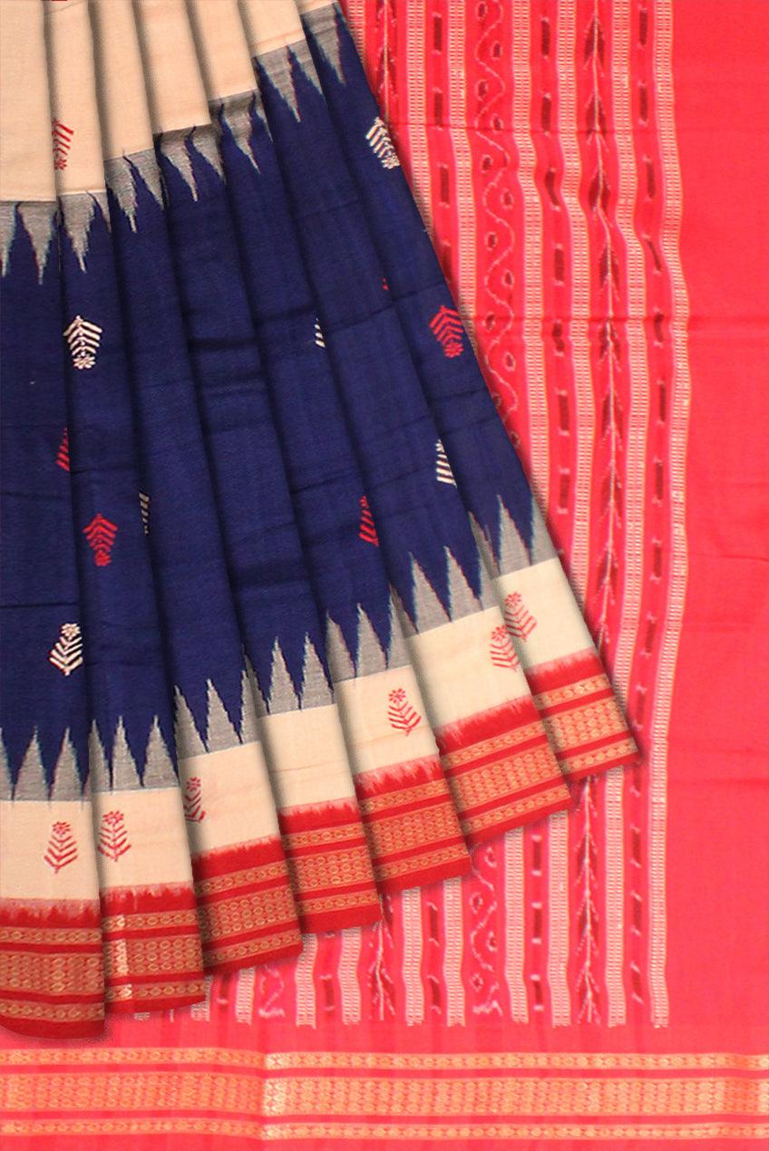Latest design Booty pattern Sambalpuri cotton saree in Peach and Blue color with blouse piece. - Koshali Arts & Crafts Enterprise