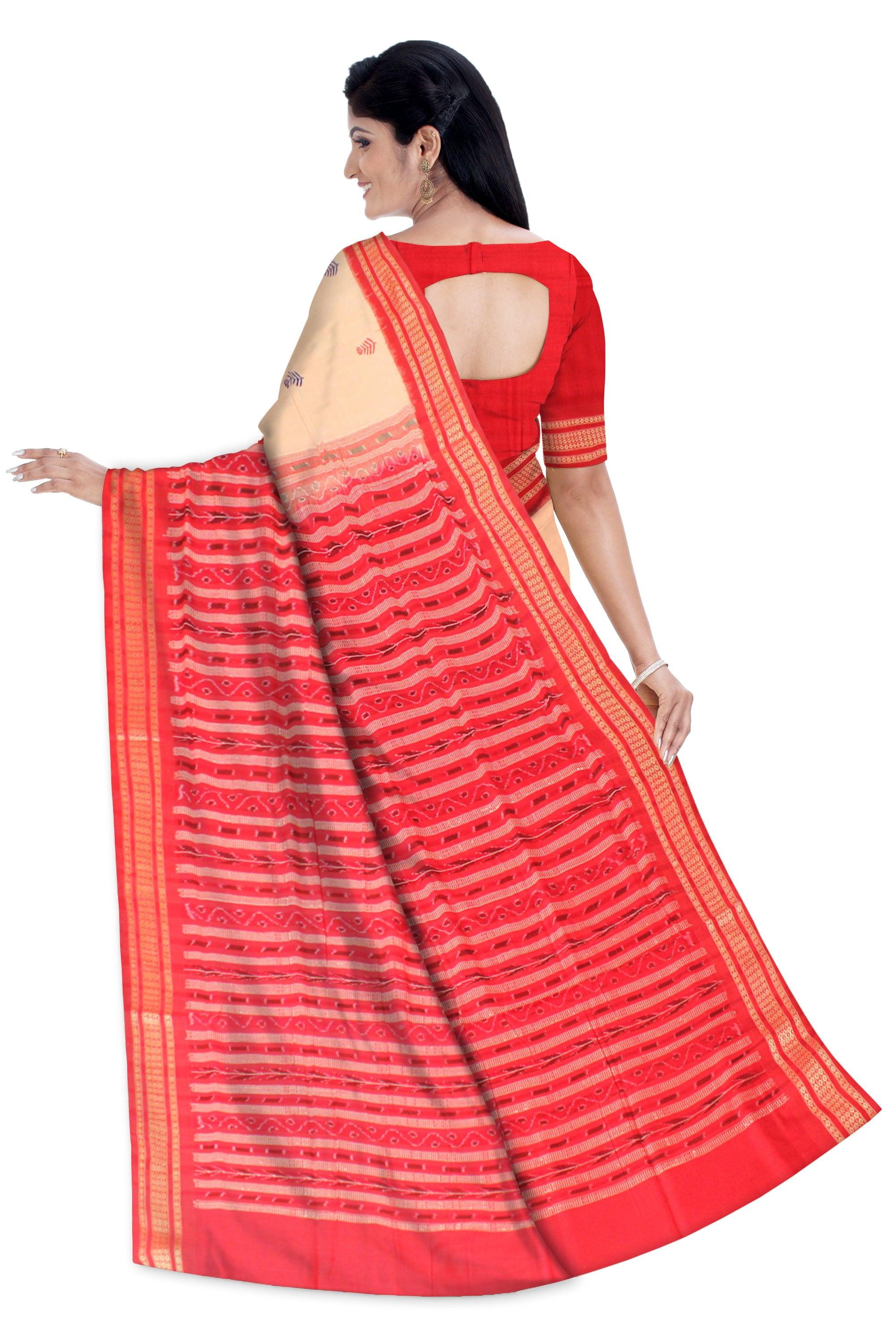 Latest design Booty pattern Sambalpuri cotton saree in Peach and Blue color with blouse piece. - Koshali Arts & Crafts Enterprise