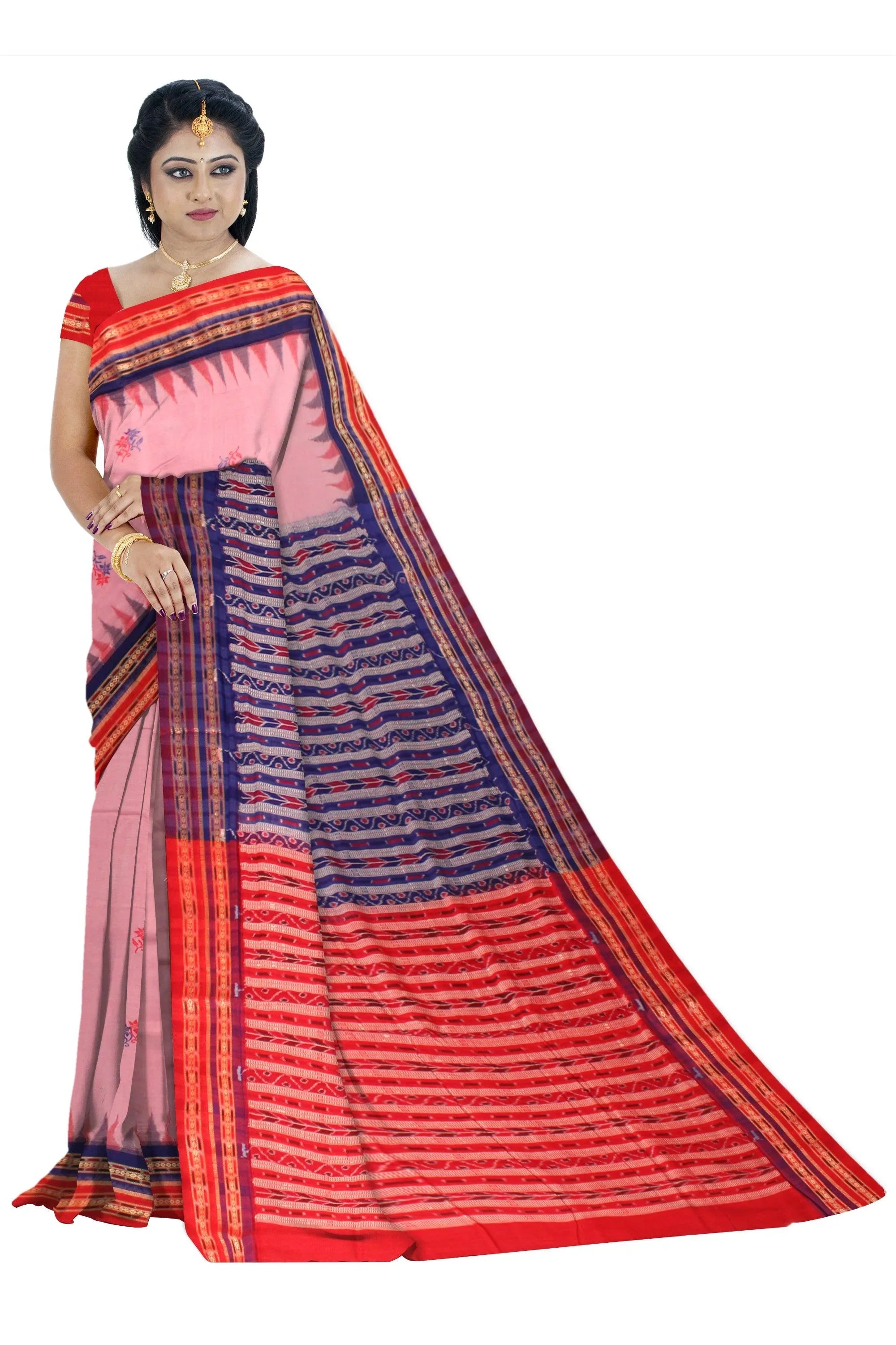Sambalpuri cotton saree in Pink and Red color with blouse piece. - Koshali Arts & Crafts Enterprise