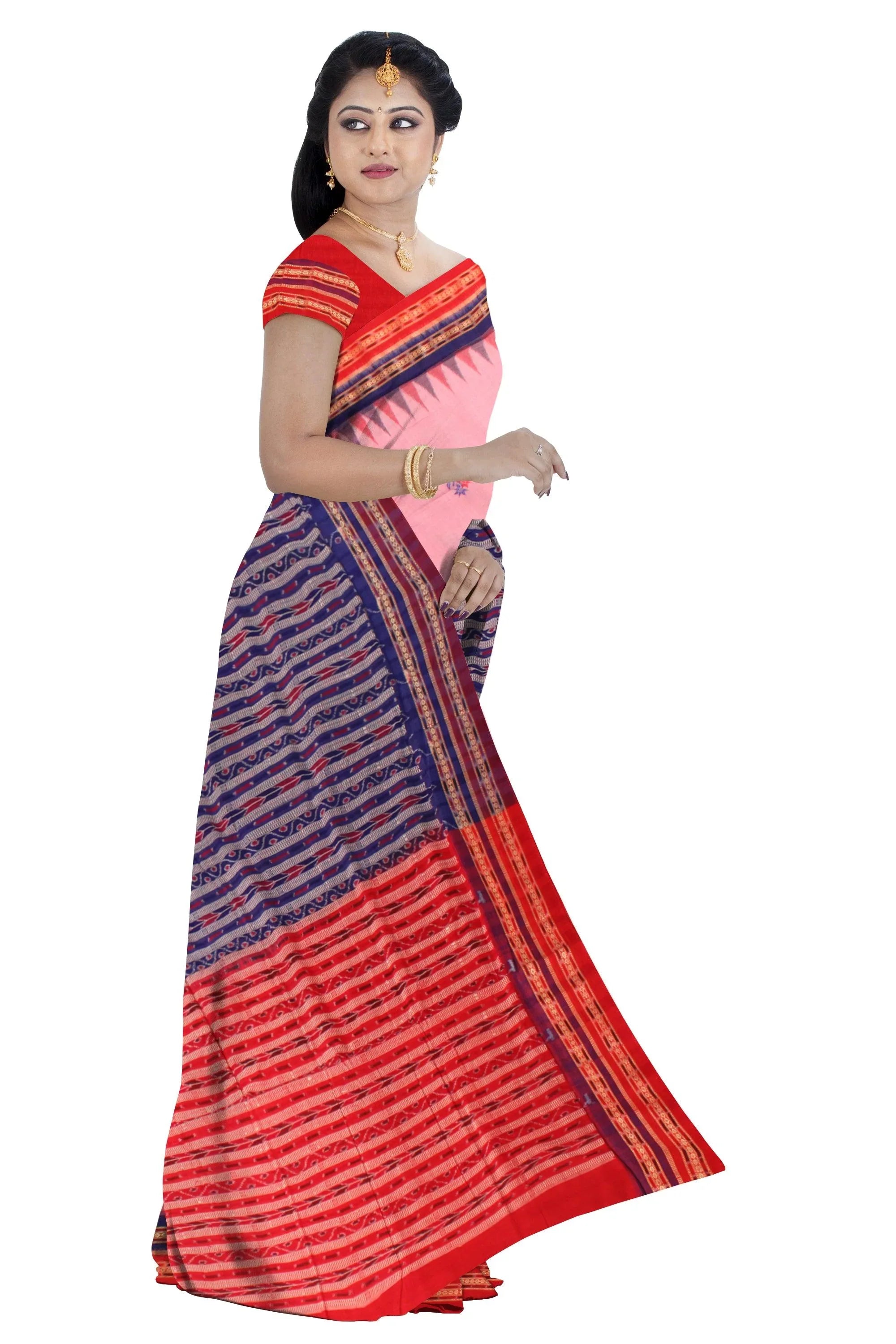 Sambalpuri cotton saree in Pink and Red color with blouse piece. - Koshali Arts & Crafts Enterprise