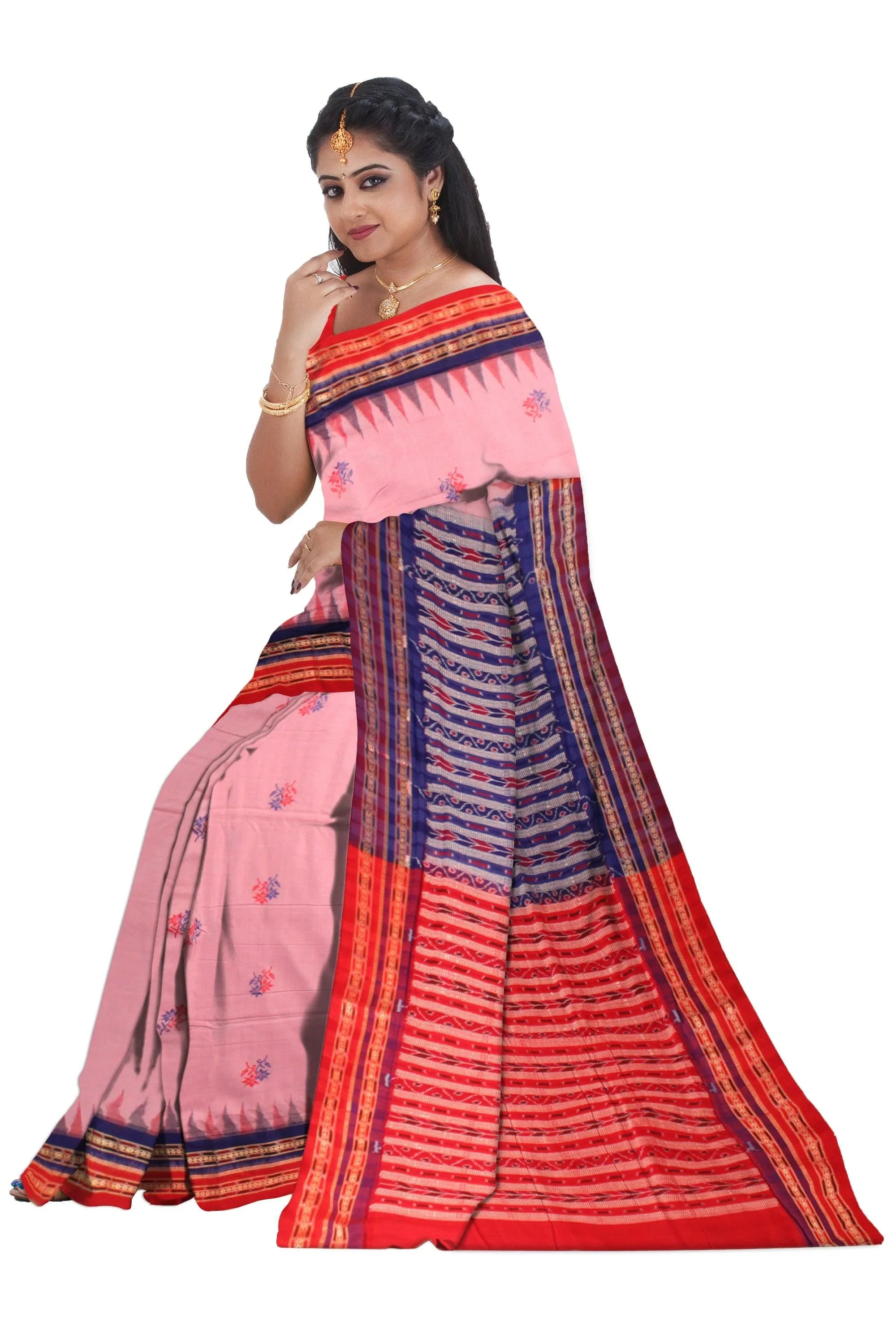 Sambalpuri cotton saree in Pink and Red color with blouse piece. - Koshali Arts & Crafts Enterprise