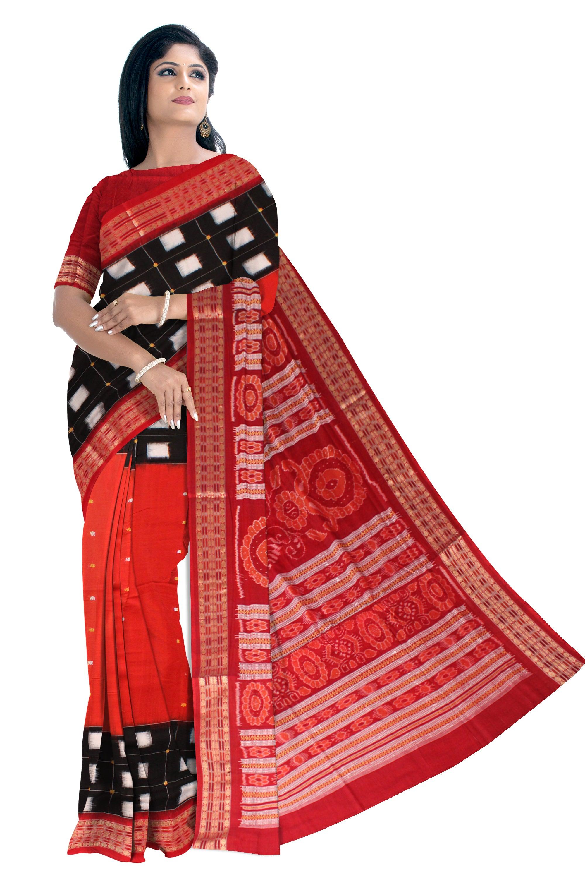 Red and Black colour booty design Sambalpuri cotton saree with blous piece. - Koshali Arts & Crafts Enterprise