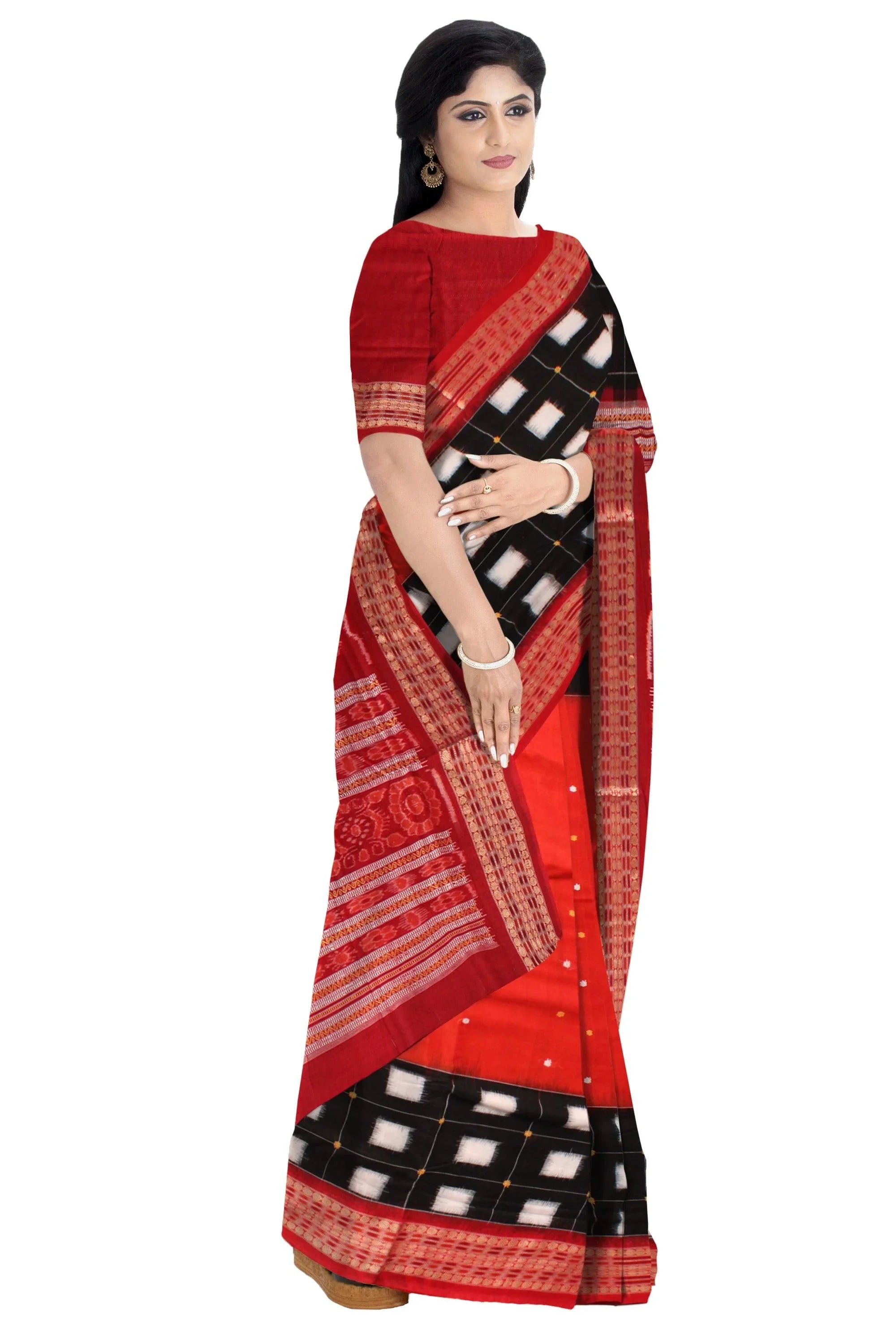 Red and Black colour booty design Sambalpuri cotton saree with blous piece. - Koshali Arts & Crafts Enterprise