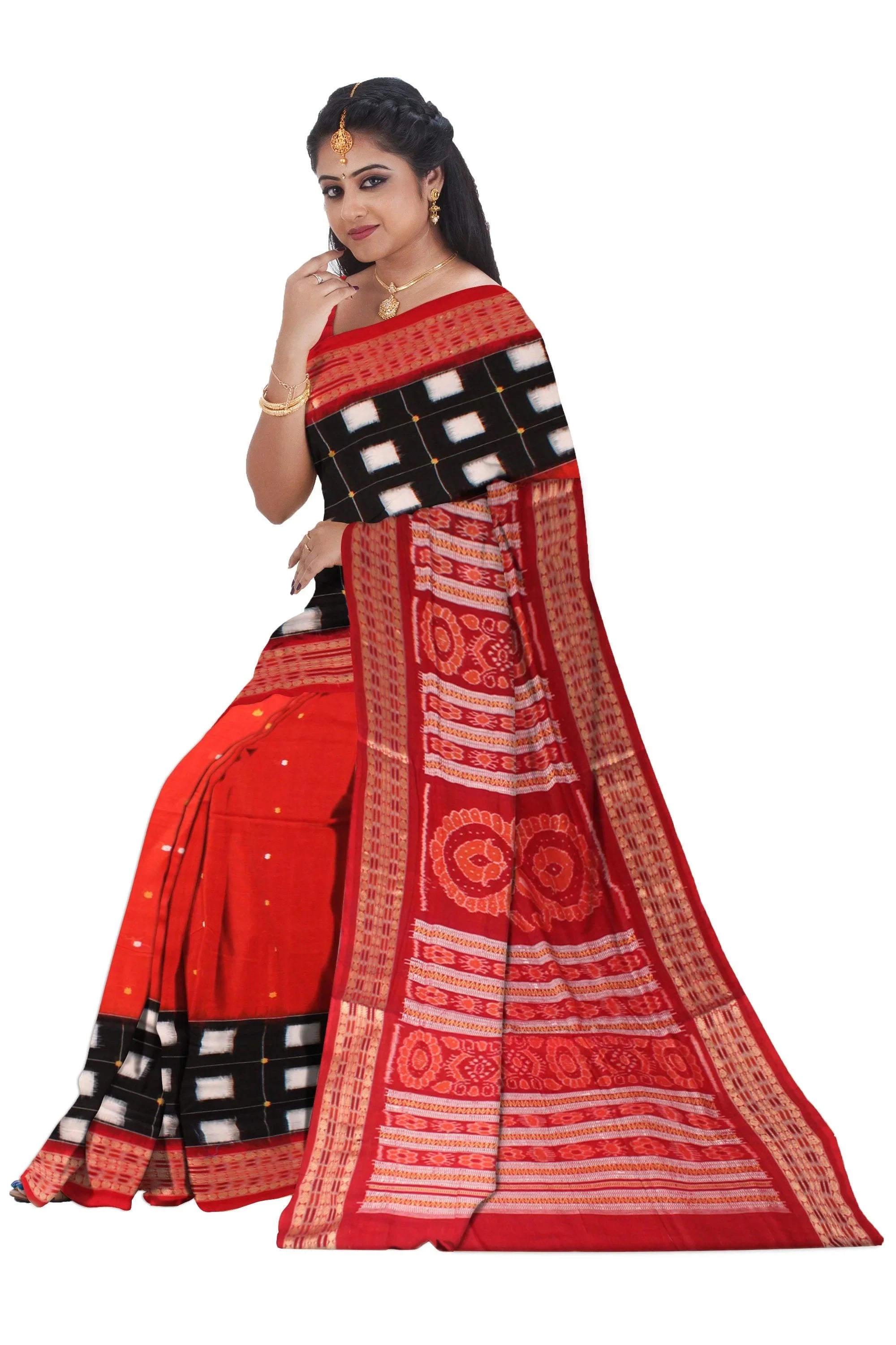 Red and Black colour booty design Sambalpuri cotton saree with blous piece. - Koshali Arts & Crafts Enterprise
