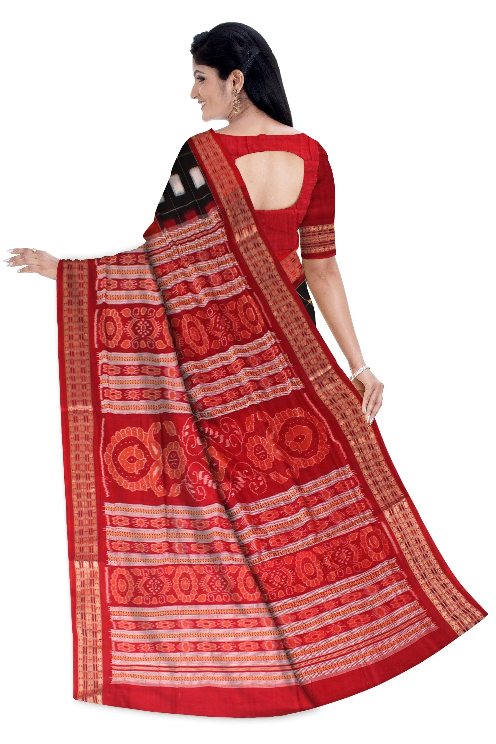 Red and Black colour booty design Sambalpuri cotton saree with blous piece. - Koshali Arts & Crafts Enterprise