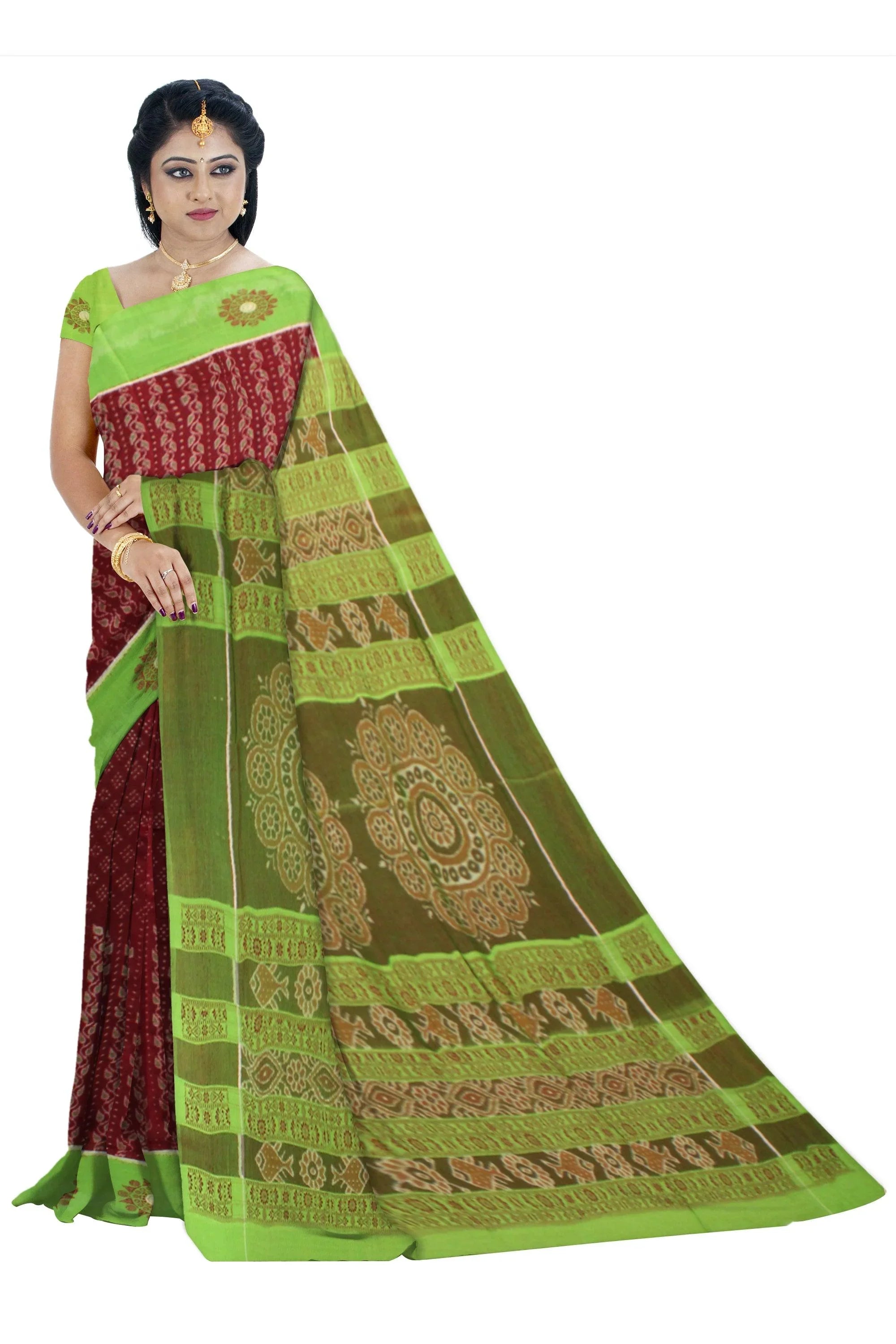 Lattest design Green and brown colour Sambalpuri cotton saree with blouse piece. - Koshali Arts & Crafts Enterprise