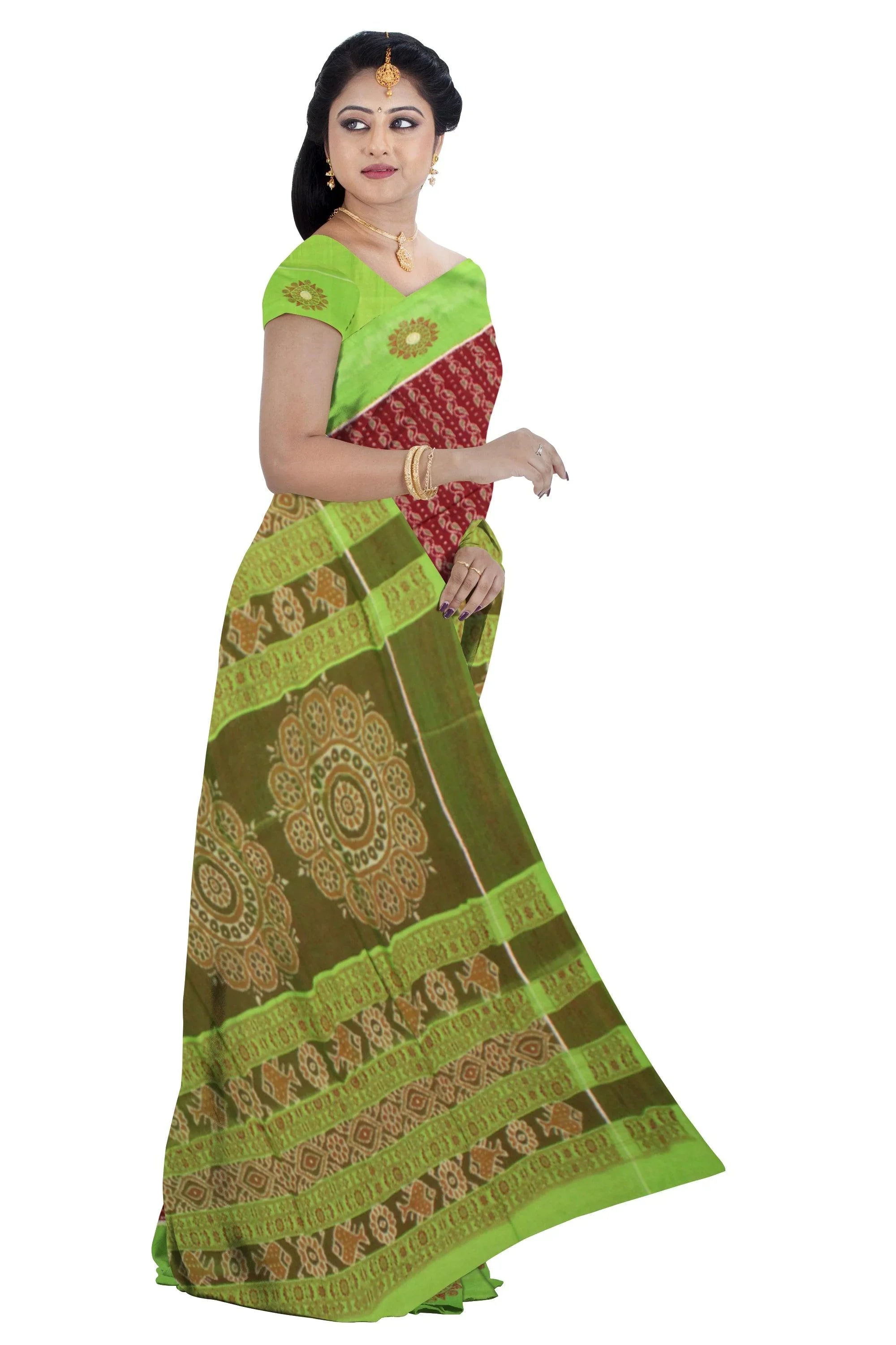 Lattest design Green and brown colour Sambalpuri cotton saree with blouse piece. - Koshali Arts & Crafts Enterprise