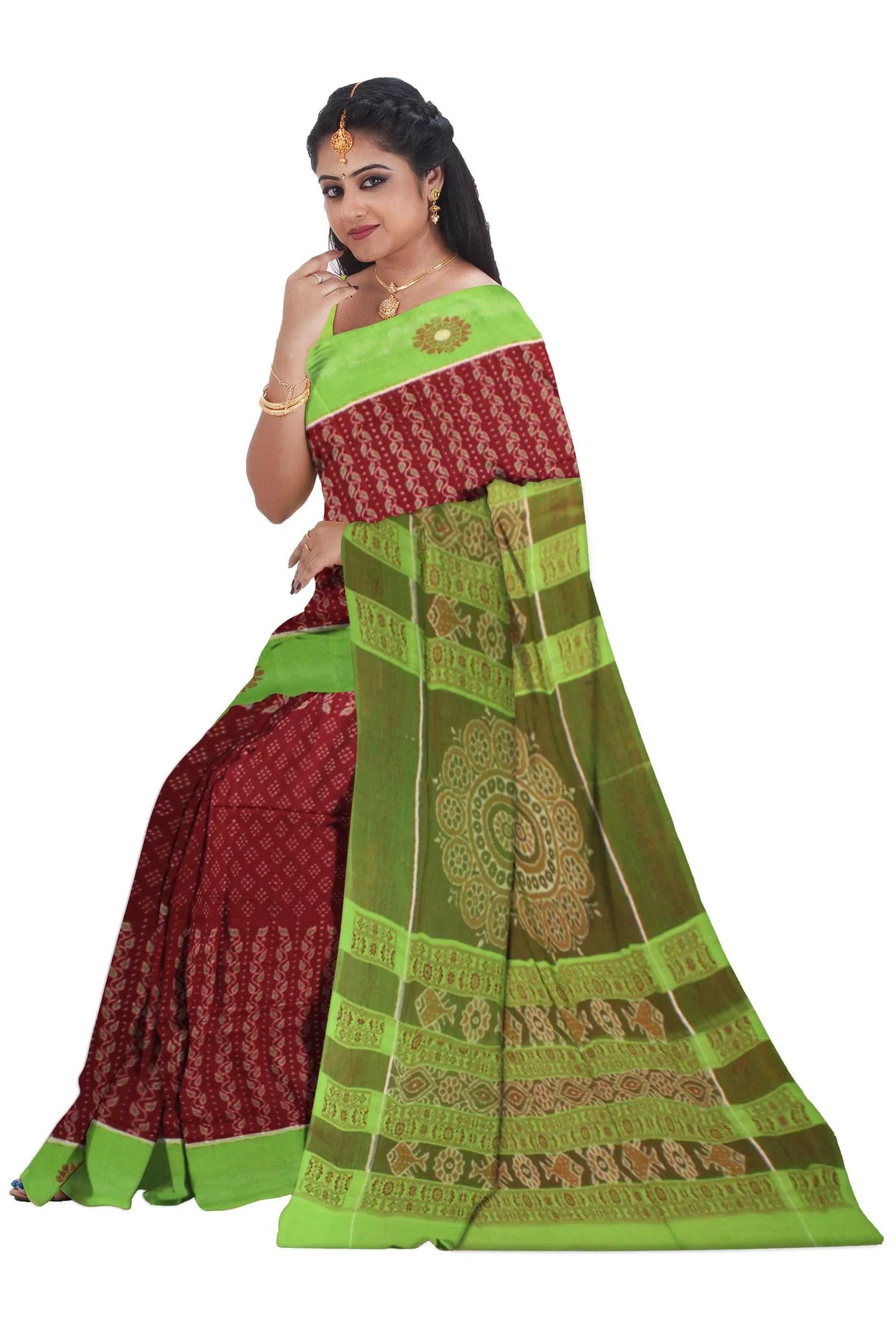 Lattest design Green and brown colour Sambalpuri cotton saree with blouse piece. - Koshali Arts & Crafts Enterprise