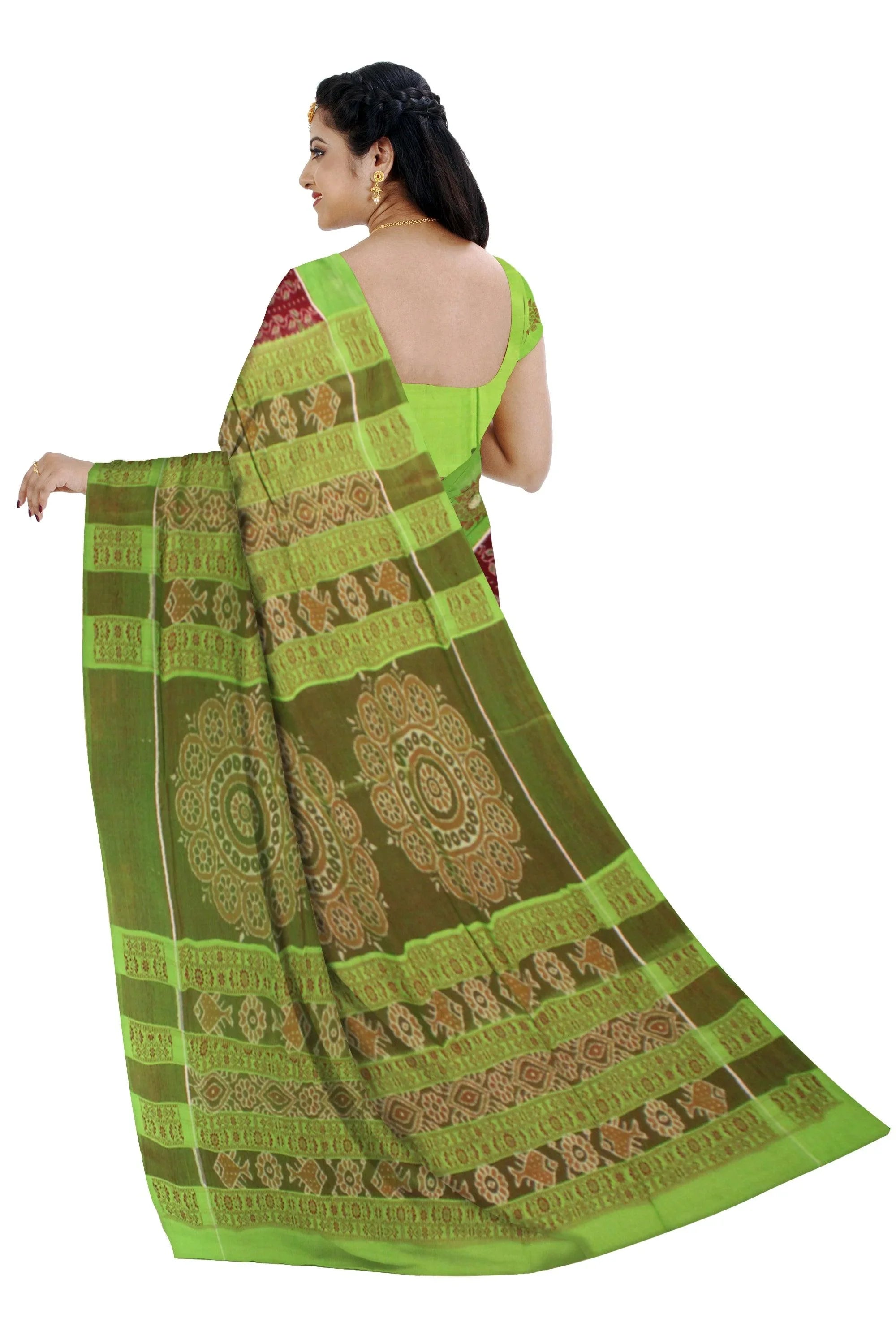 Lattest design Green and brown colour Sambalpuri cotton saree with blouse piece. - Koshali Arts & Crafts Enterprise