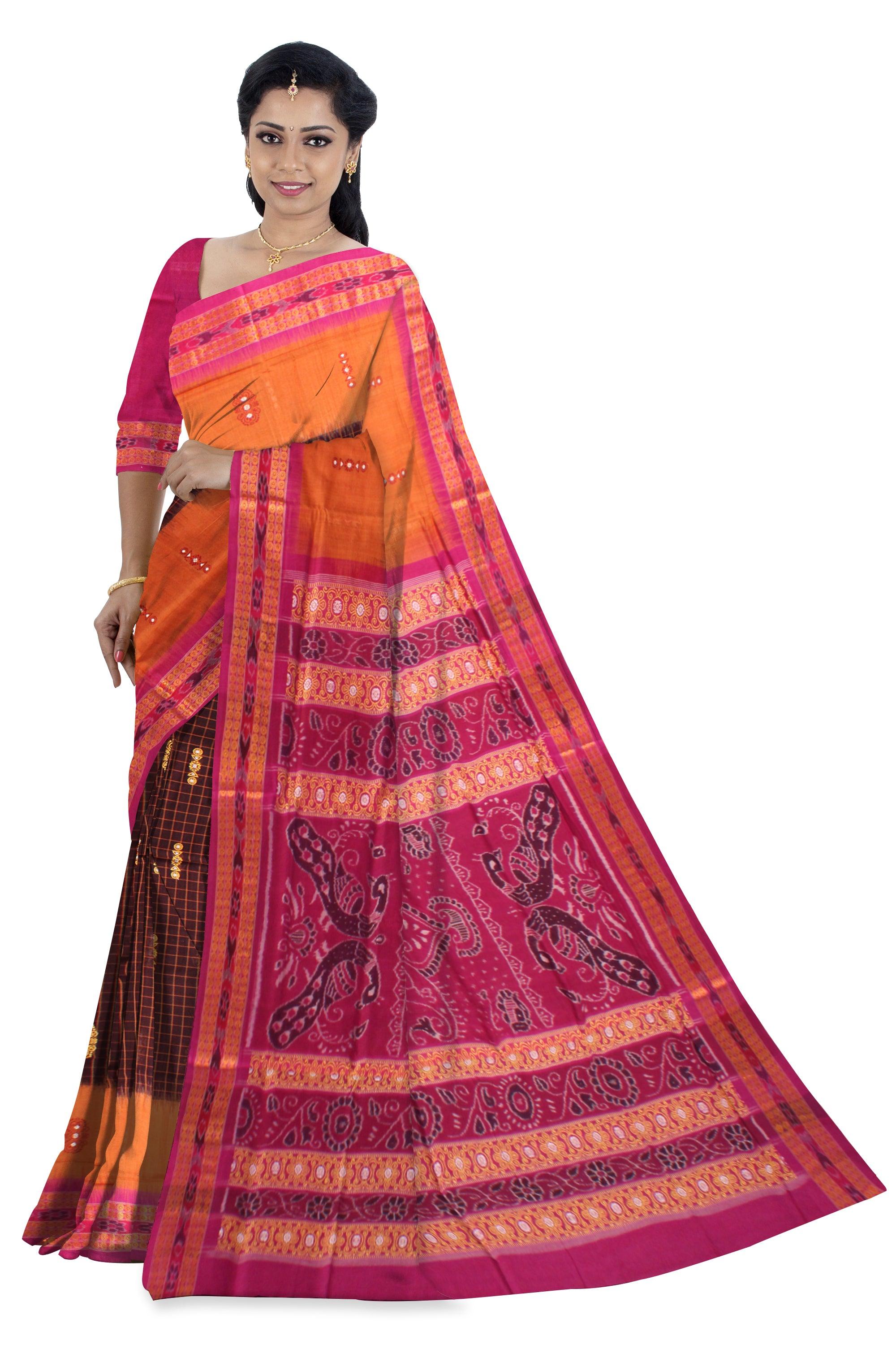Ikat design Orange and pink colour Sambalpuri cotton saree with blous piece. - Koshali Arts & Crafts Enterprise