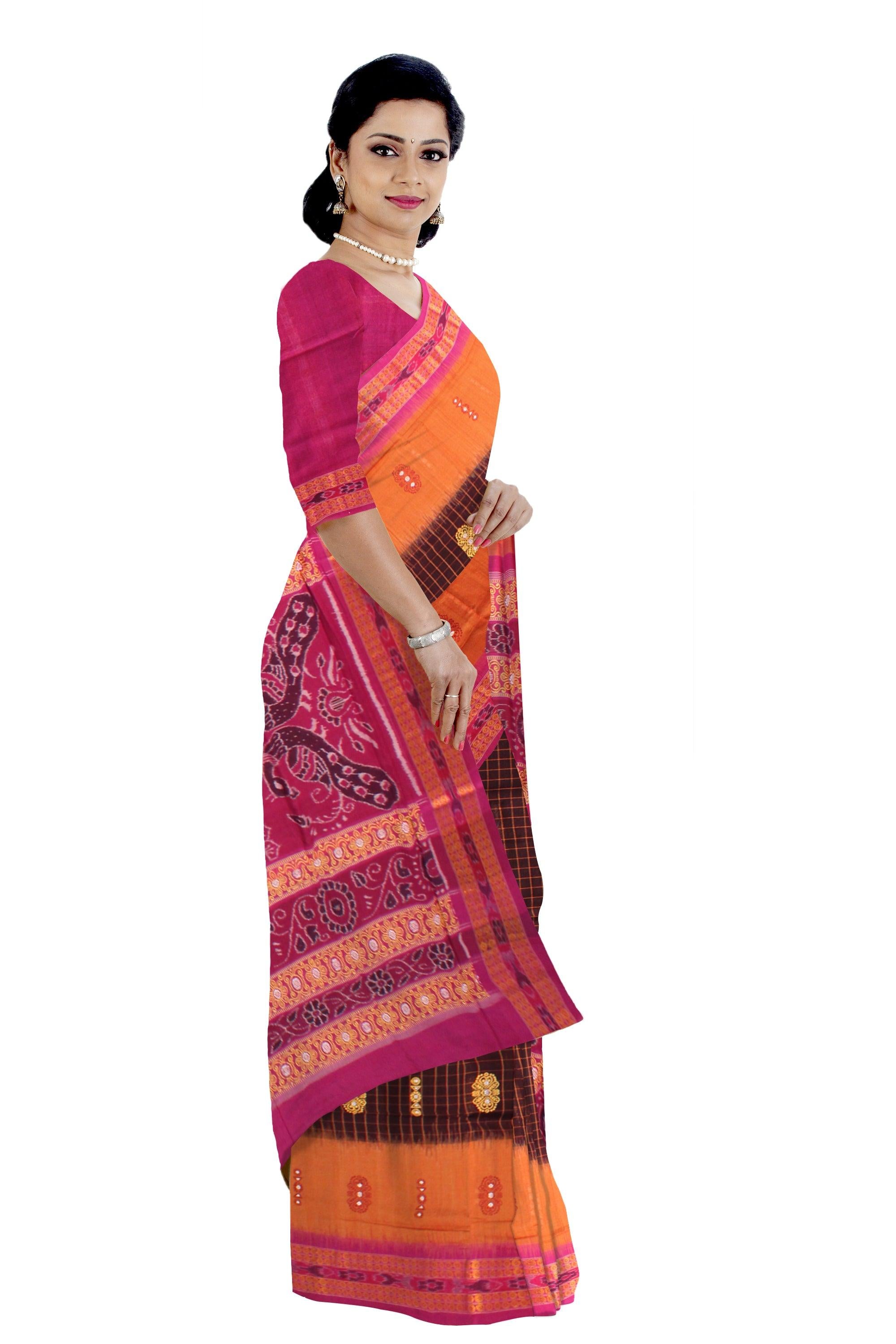 Ikat design Orange and pink colour Sambalpuri cotton saree with blous piece. - Koshali Arts & Crafts Enterprise