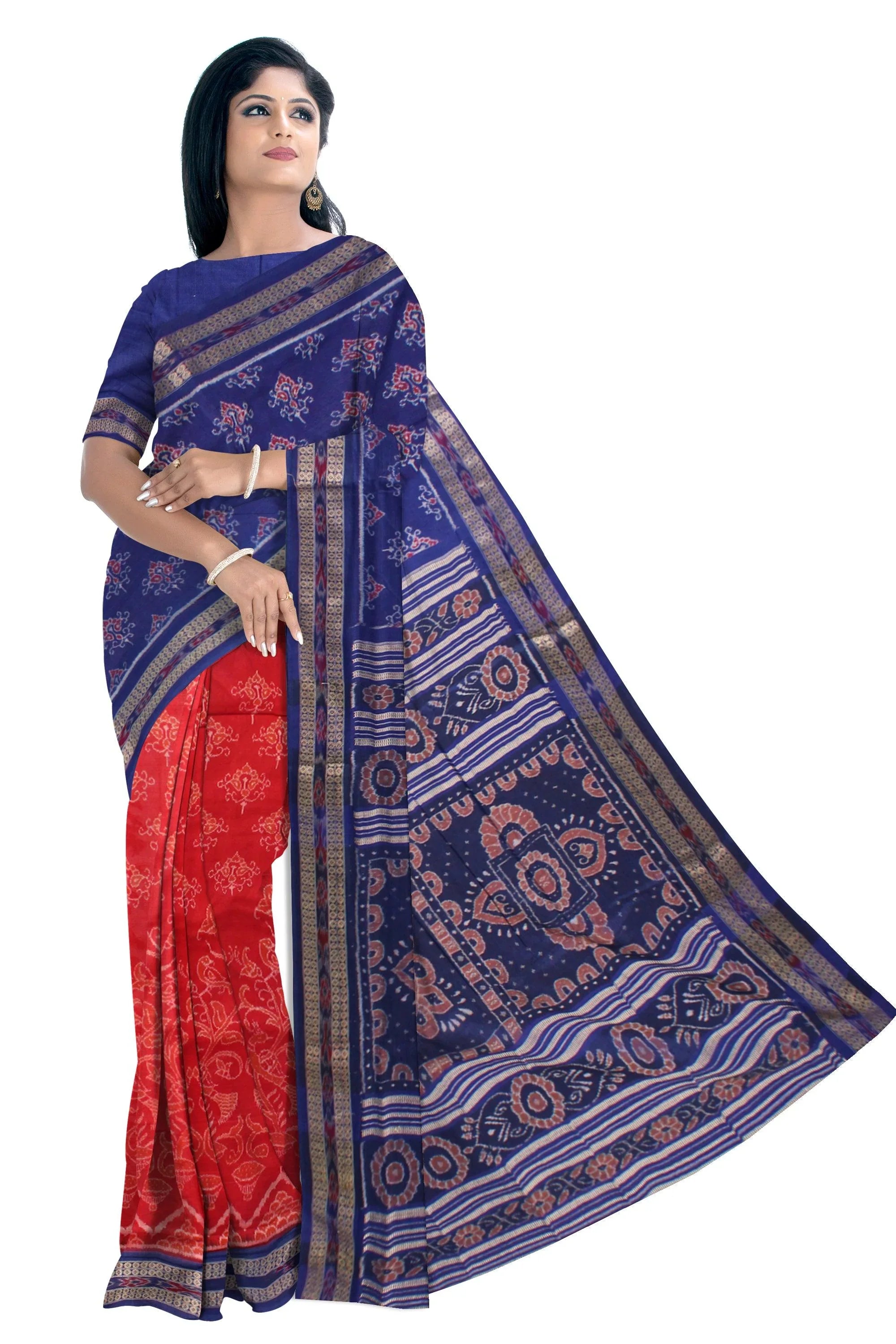 Red and Blue colour booty flower design Sambalpuri cotton saree with blous piece. - Koshali Arts & Crafts Enterprise