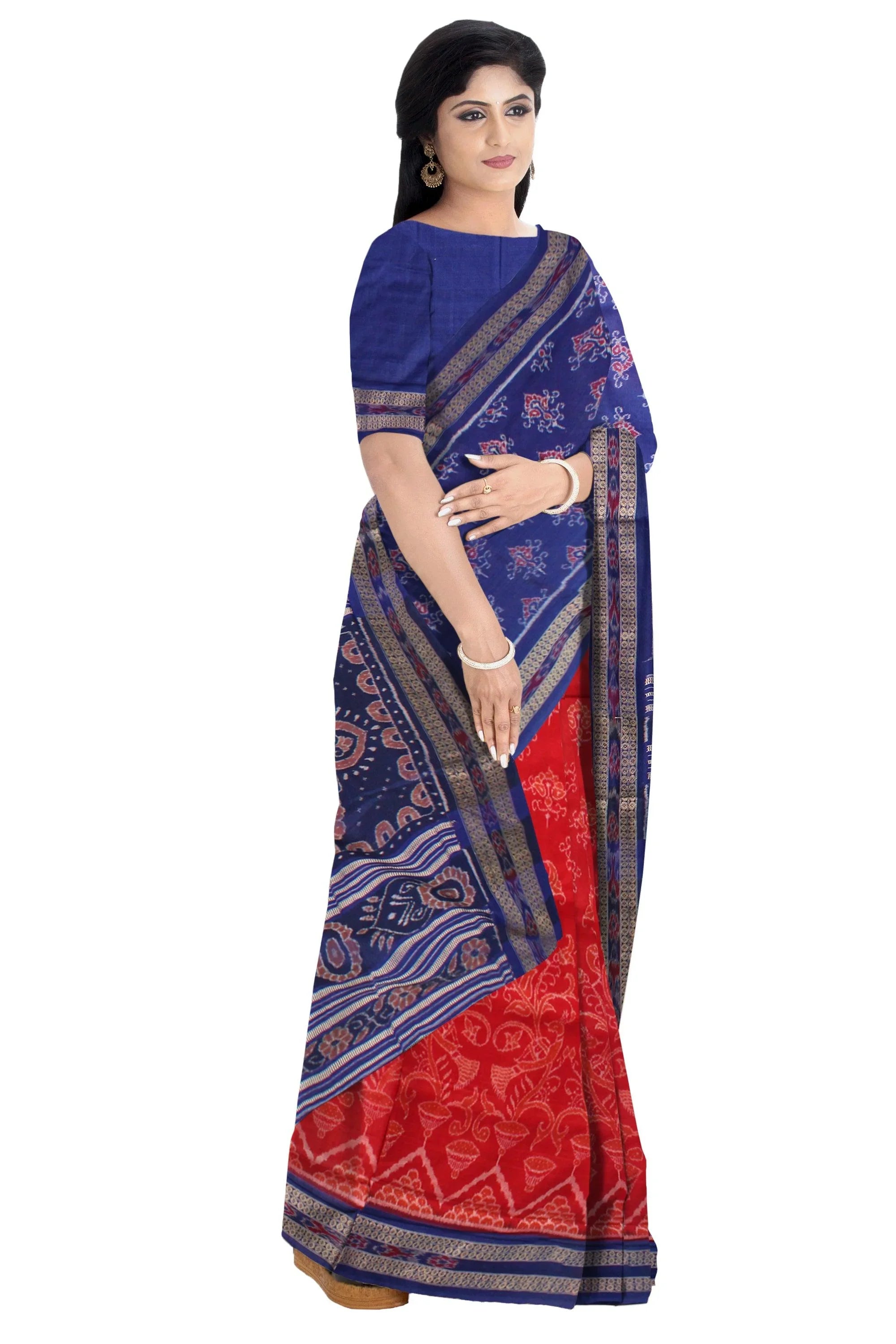 Red and Blue colour booty flower design Sambalpuri cotton saree with blous piece. - Koshali Arts & Crafts Enterprise