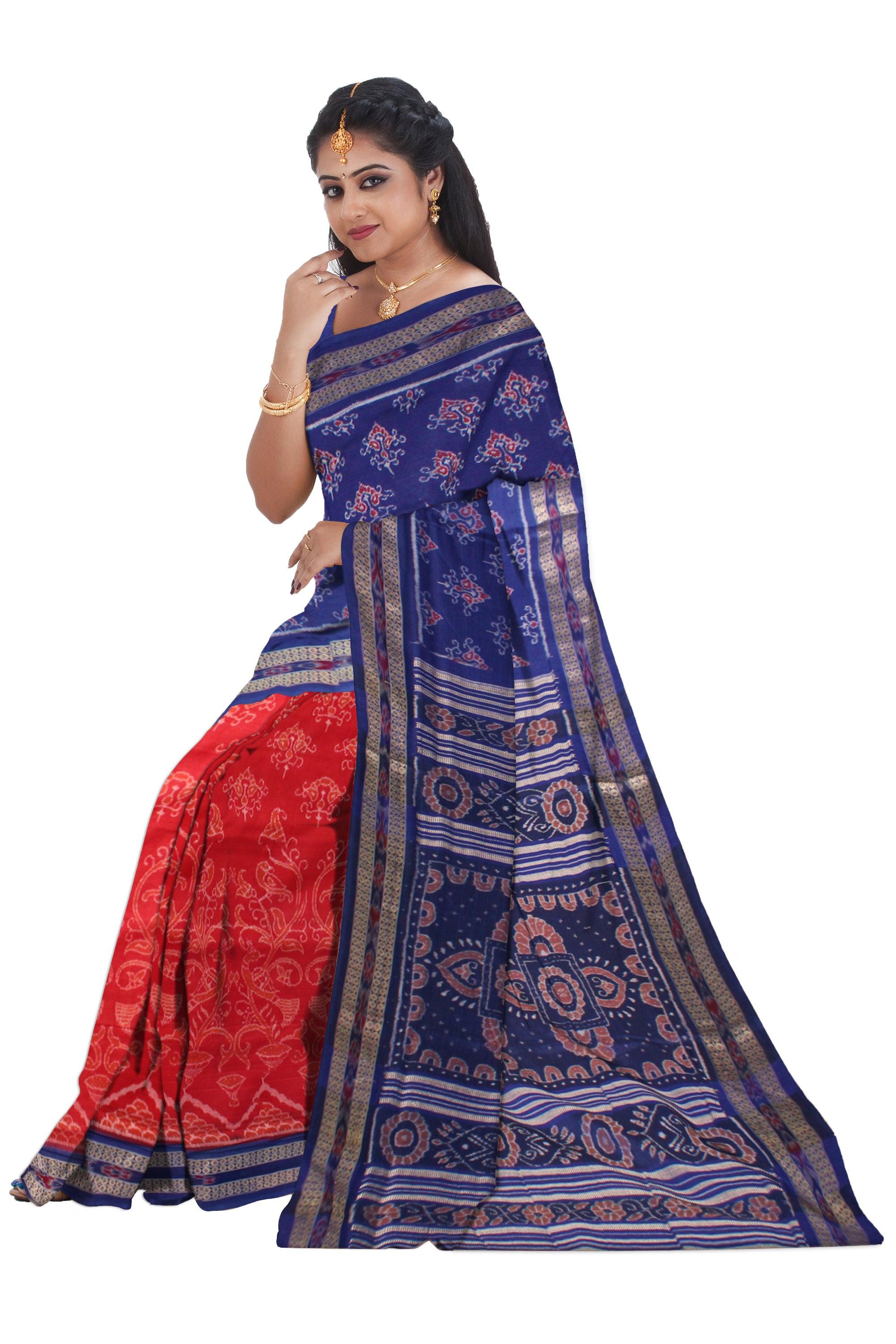 Red and Blue colour booty flower design Sambalpuri cotton saree with blous piece. - Koshali Arts & Crafts Enterprise