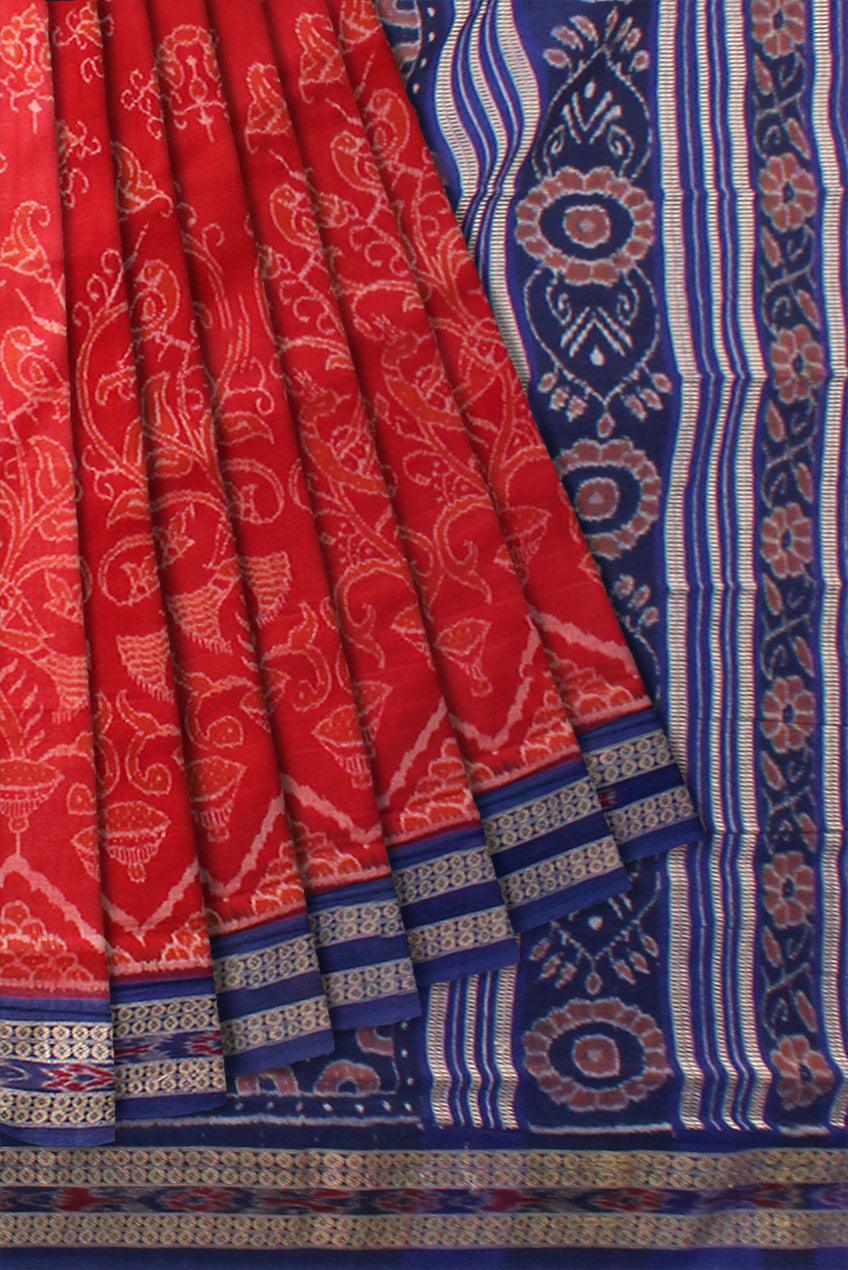 Red and Blue colour booty flower design Sambalpuri cotton saree with blous piece. - Koshali Arts & Crafts Enterprise