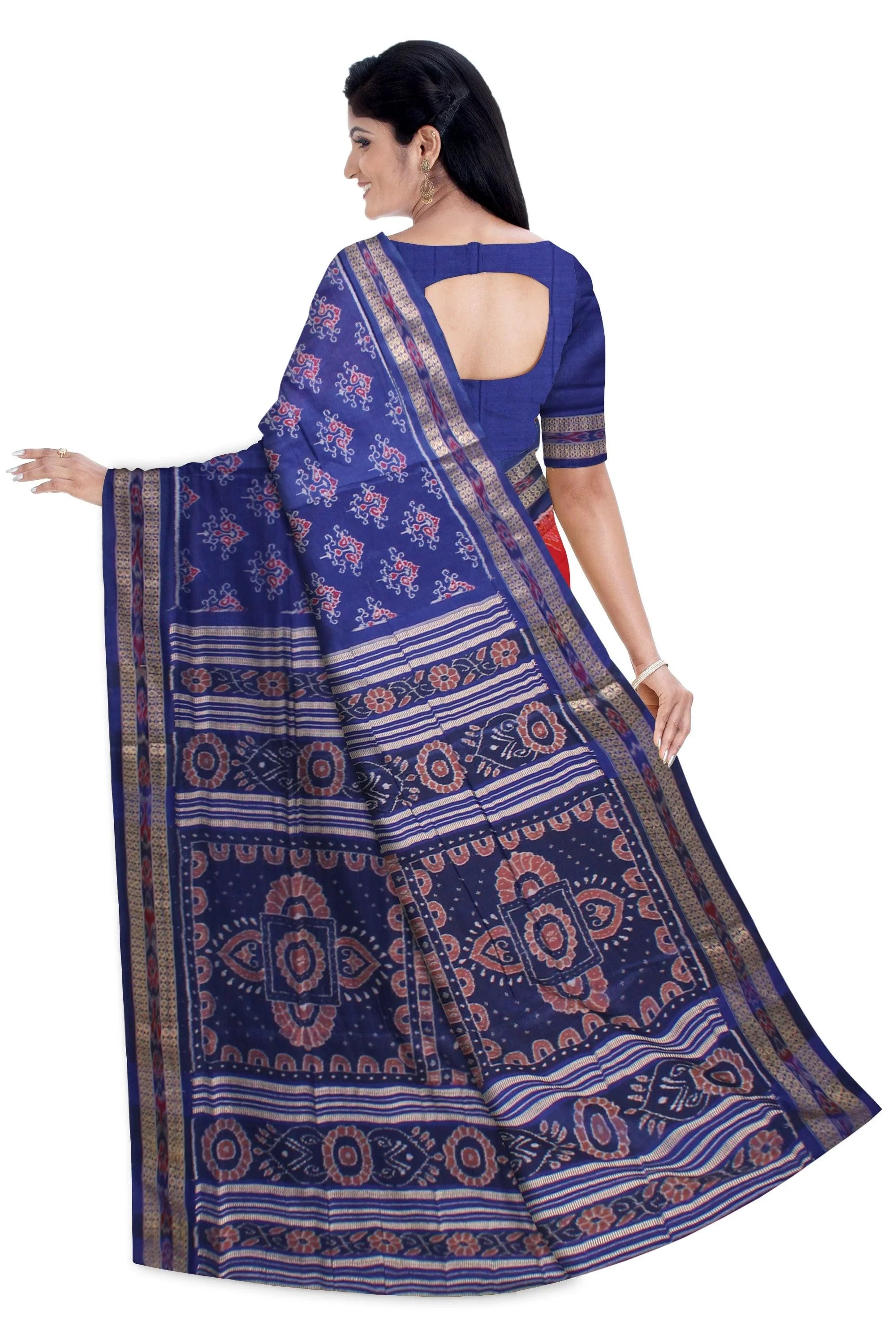 Red and Blue colour booty flower design Sambalpuri cotton saree with blous piece. - Koshali Arts & Crafts Enterprise