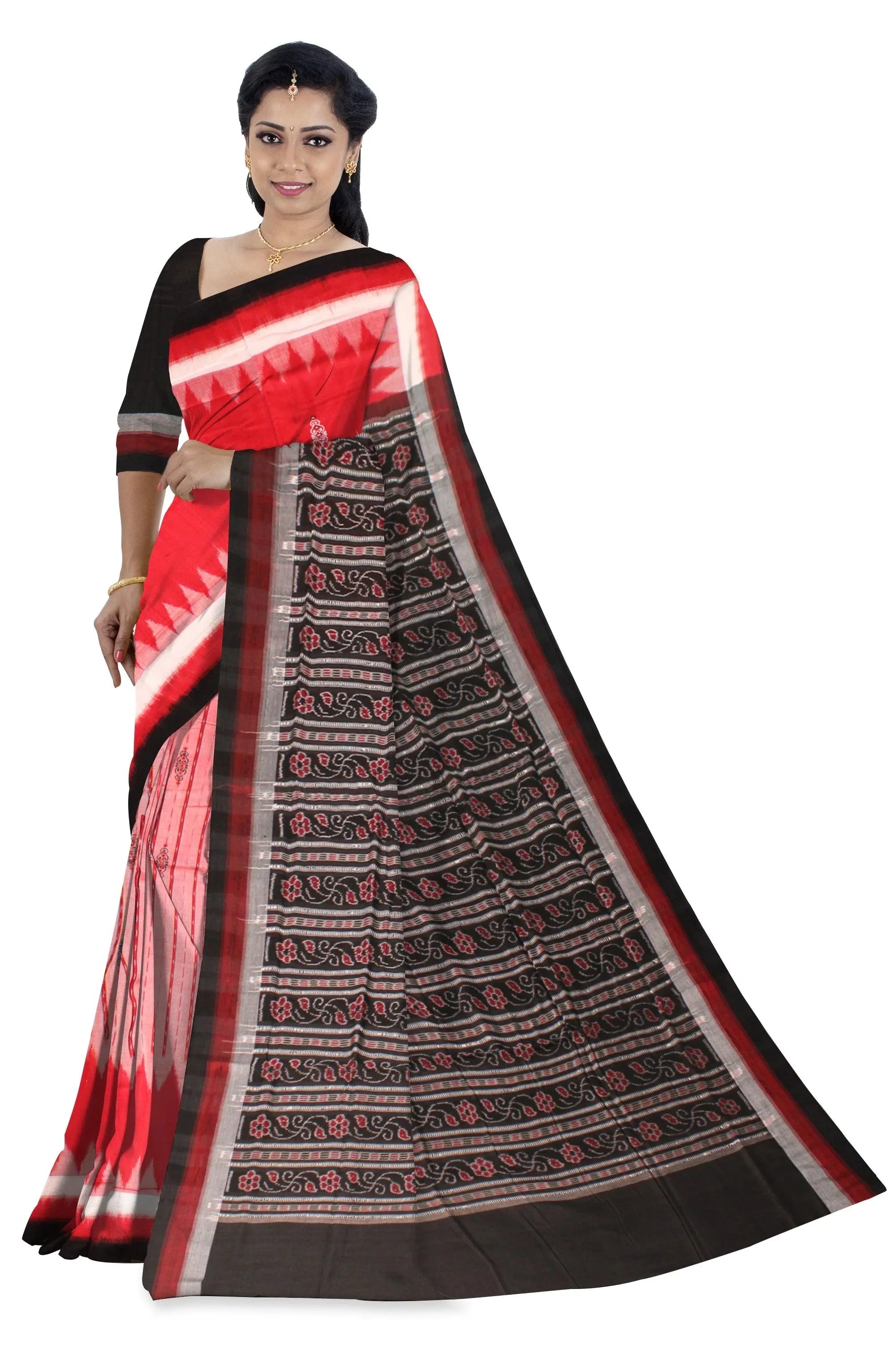Handwoven Sambalpuri Saree in Red and black colour Small Booty in Body with blouse piece. - Koshali Arts & Crafts Enterprise