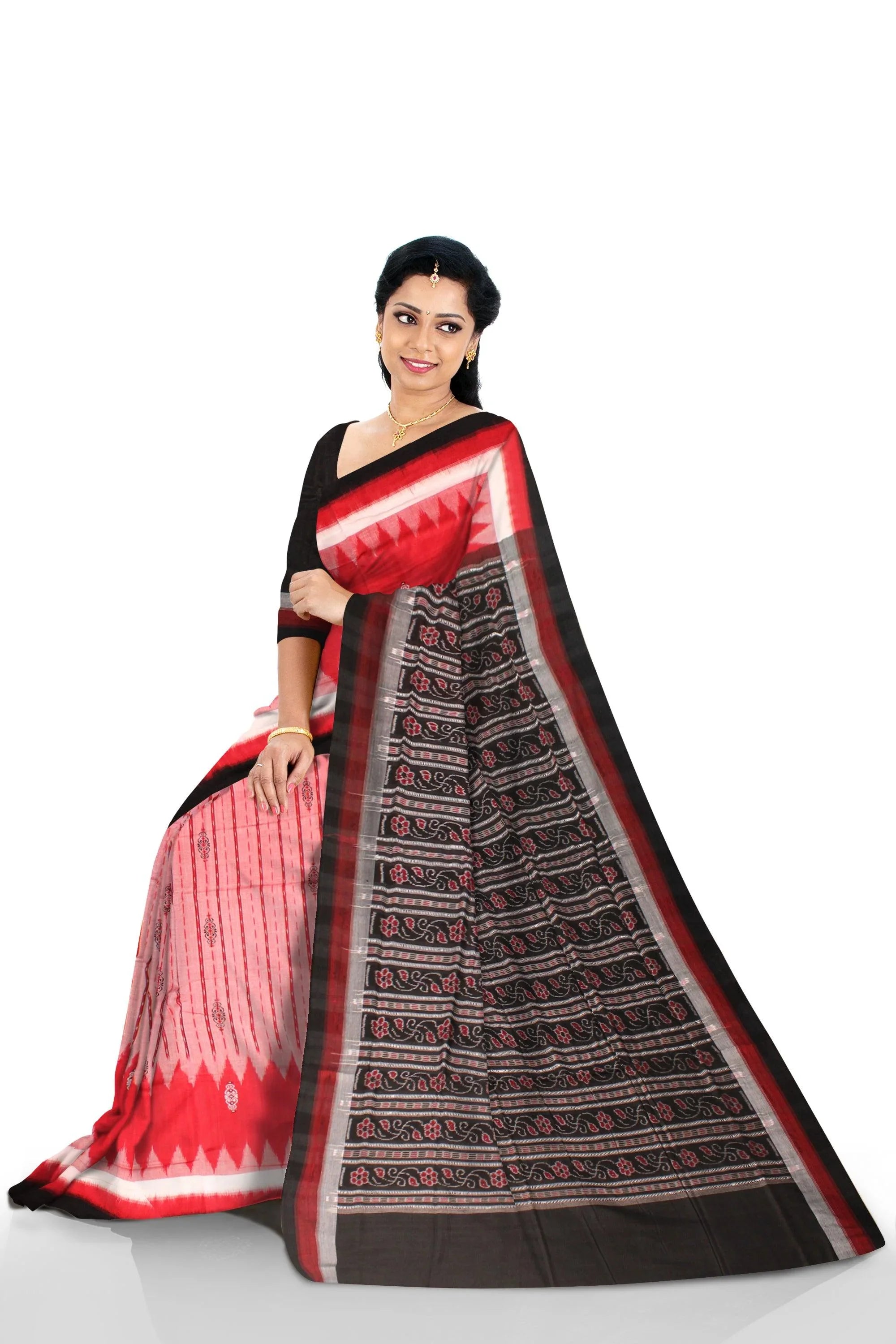 Handwoven Sambalpuri Saree in Red and black colour Small Booty in Body with blouse piece. - Koshali Arts & Crafts Enterprise