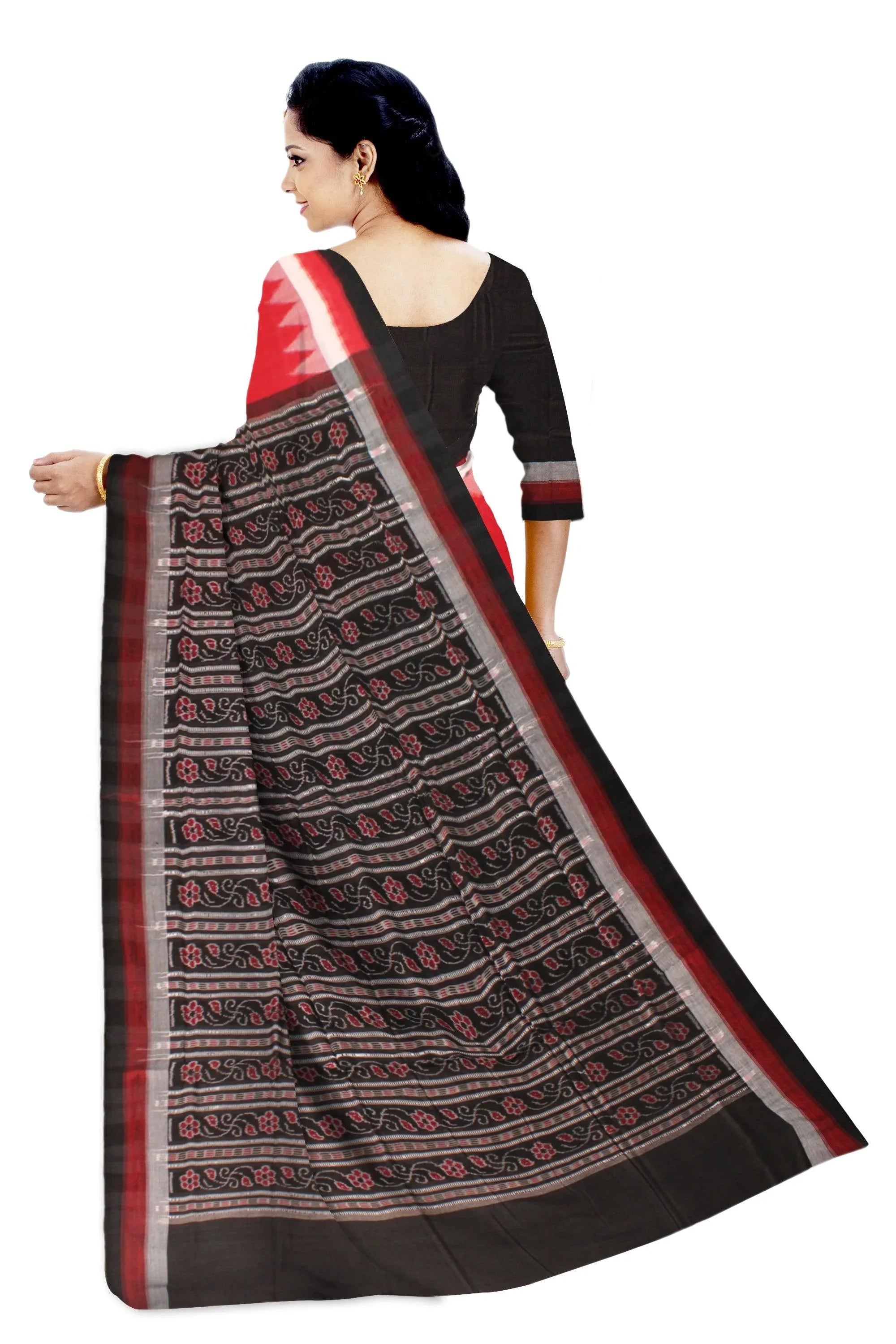 Handwoven Sambalpuri Saree in Red and black colour Small Booty in Body with blouse piece. - Koshali Arts & Crafts Enterprise