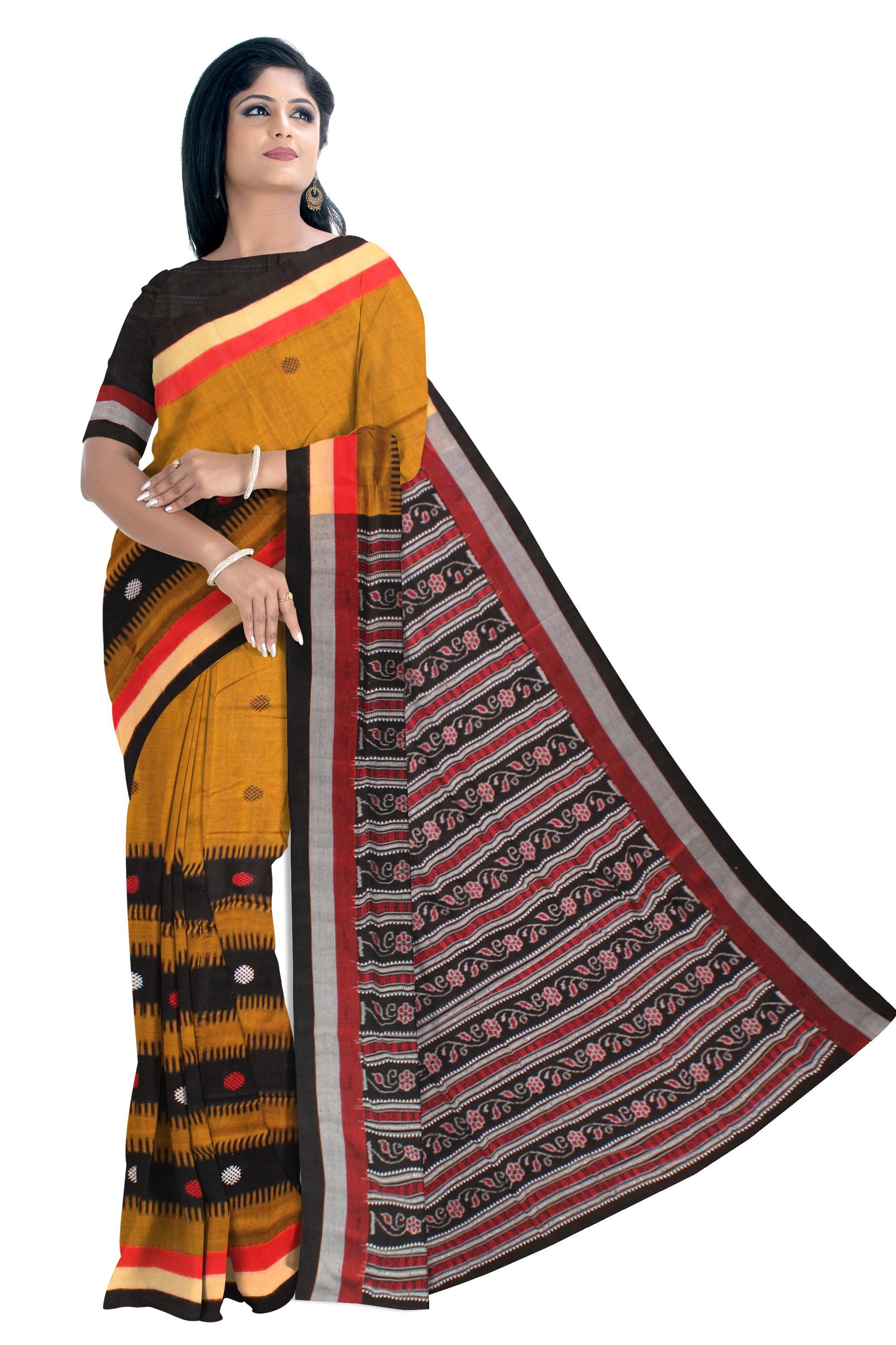 Yellow and Black color Sambalpuri saree in Bomkei design cotton saree with blouse piece. - Koshali Arts & Crafts Enterprise