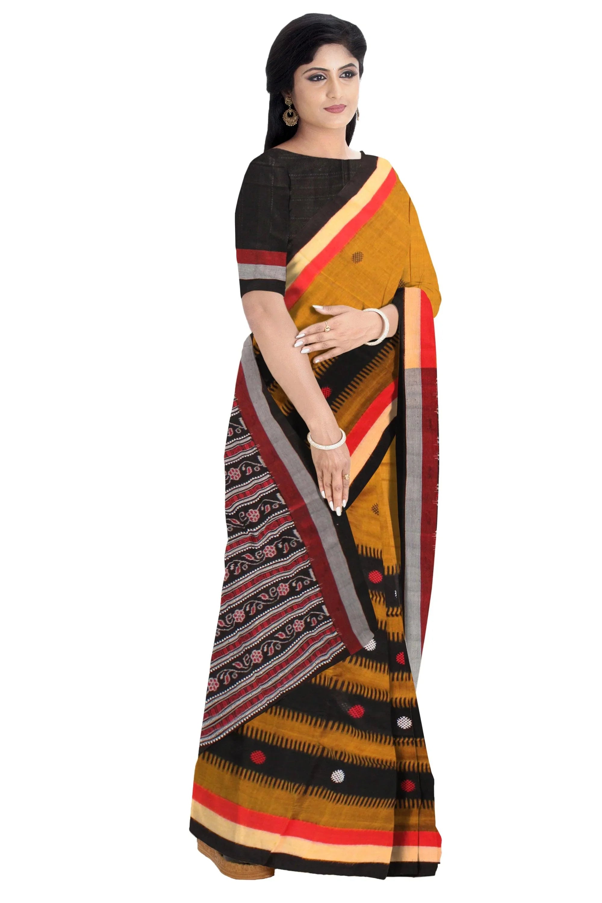 Yellow and Black color Sambalpuri saree in Bomkei design cotton saree with blouse piece. - Koshali Arts & Crafts Enterprise