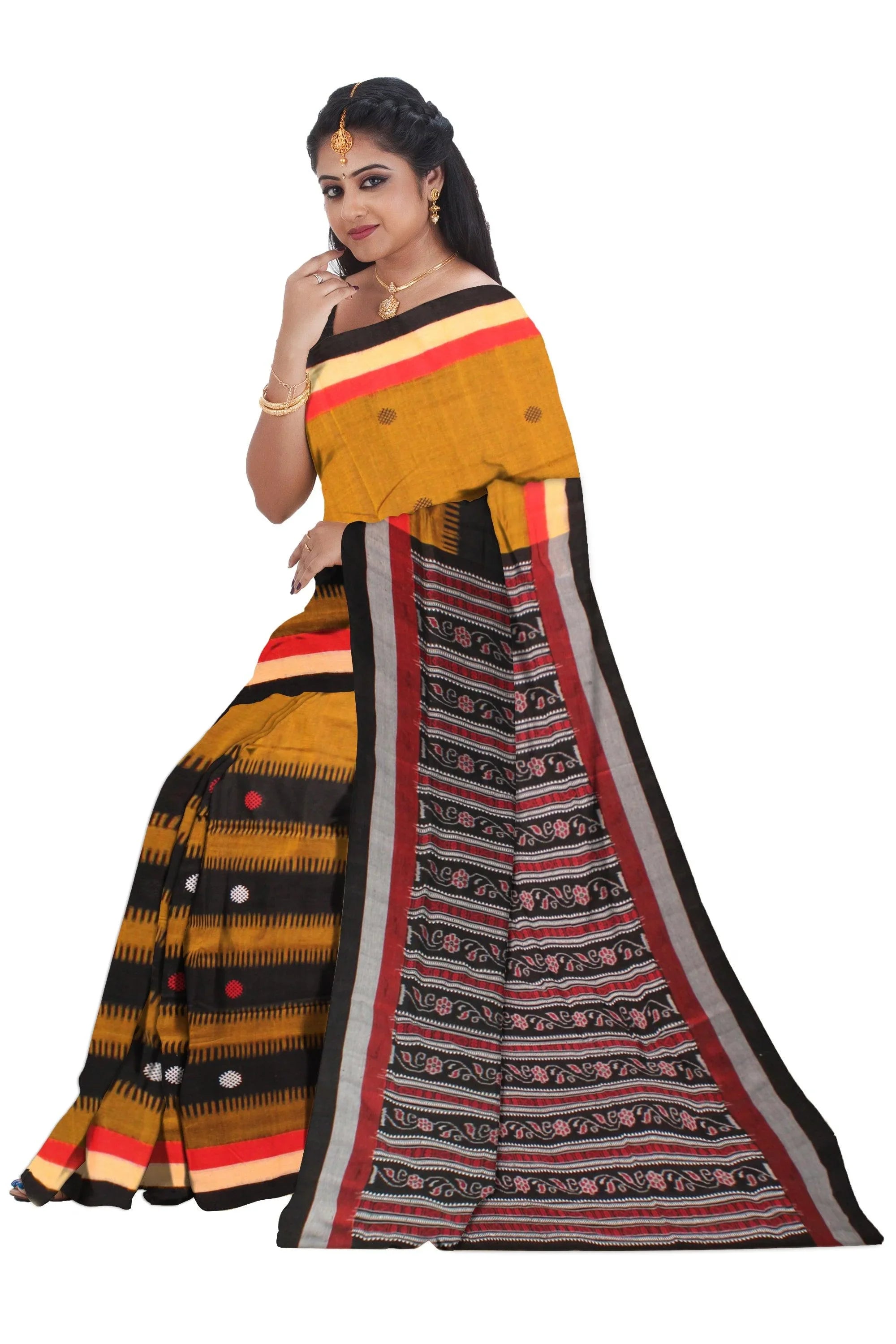 Yellow and Black color Sambalpuri saree in Bomkei design cotton saree with blouse piece. - Koshali Arts & Crafts Enterprise