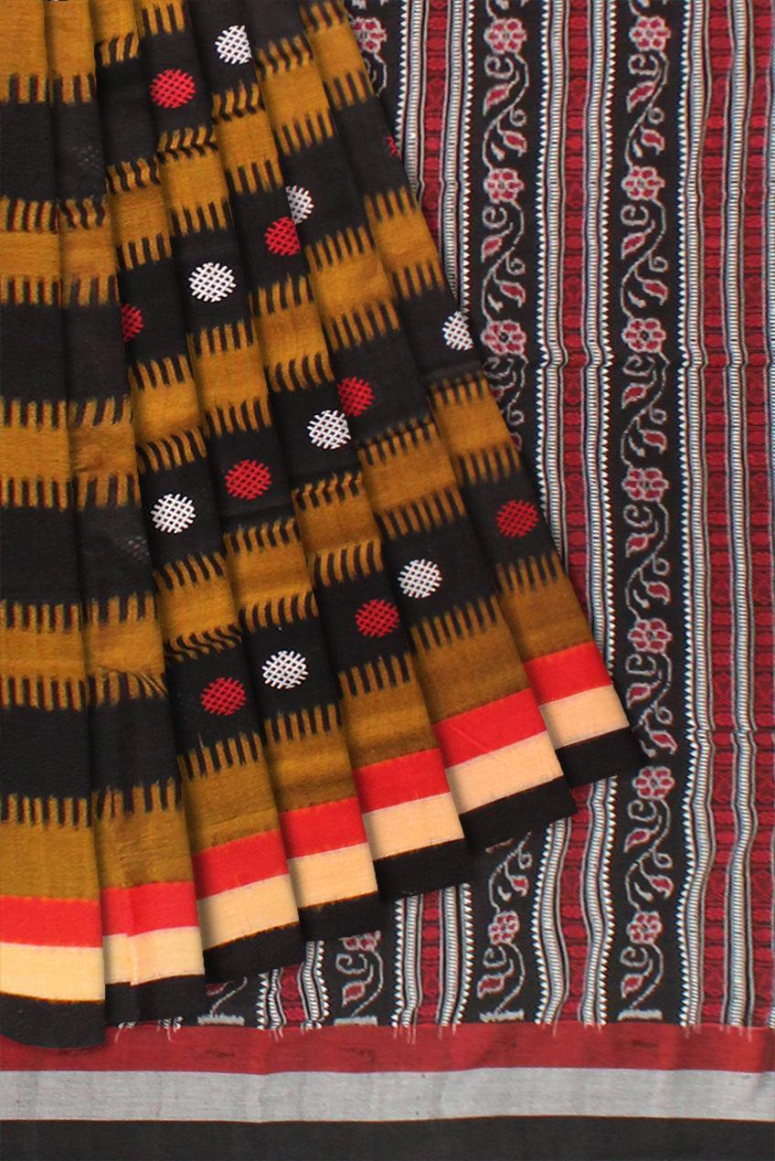 Yellow and Black color Sambalpuri saree in Bomkei design cotton saree with blouse piece. - Koshali Arts & Crafts Enterprise