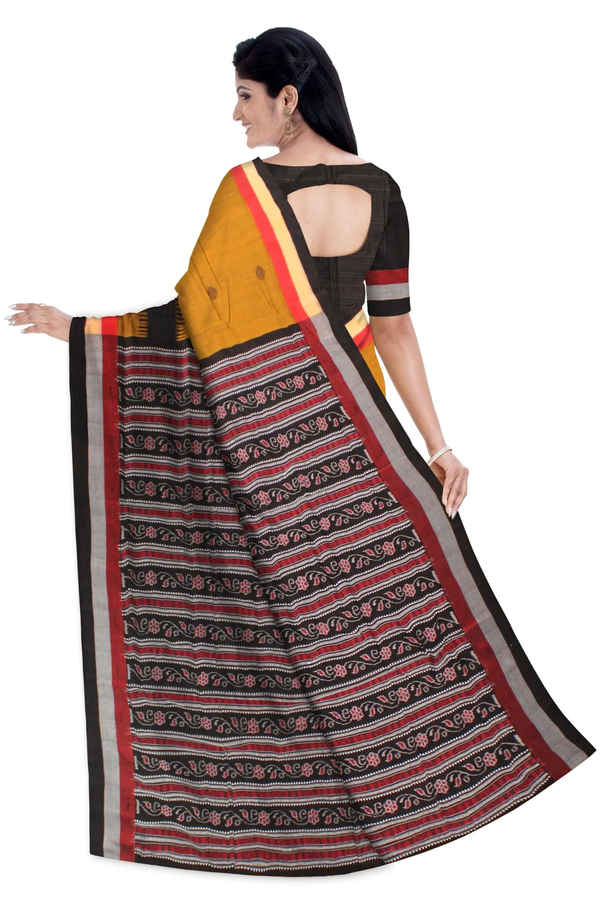 Yellow and Black color Sambalpuri saree in Bomkei design cotton saree with blouse piece. - Koshali Arts & Crafts Enterprise