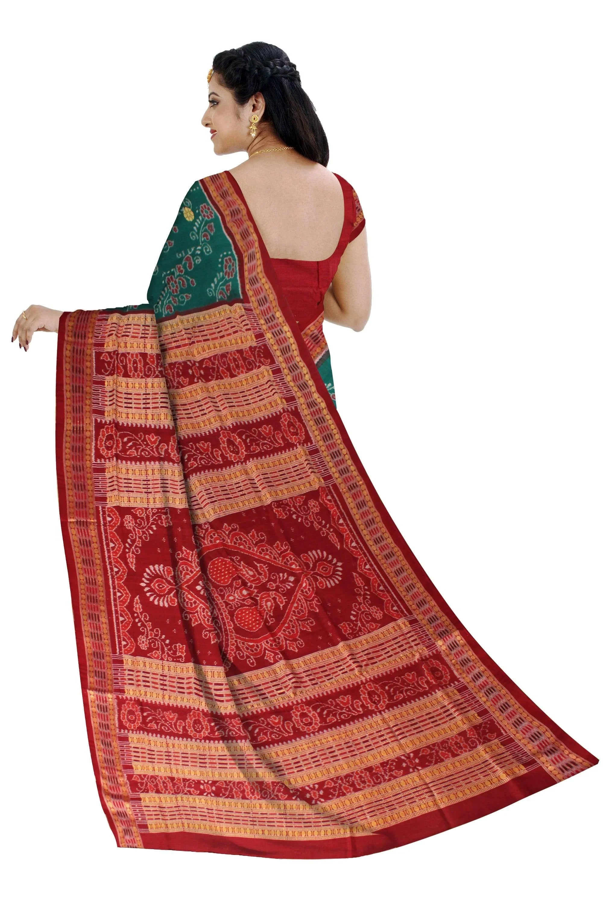Latest design Sambalpuri Saree in Dark Green and Maroon Pallu with blouse piece. - Koshali Arts & Crafts Enterprise