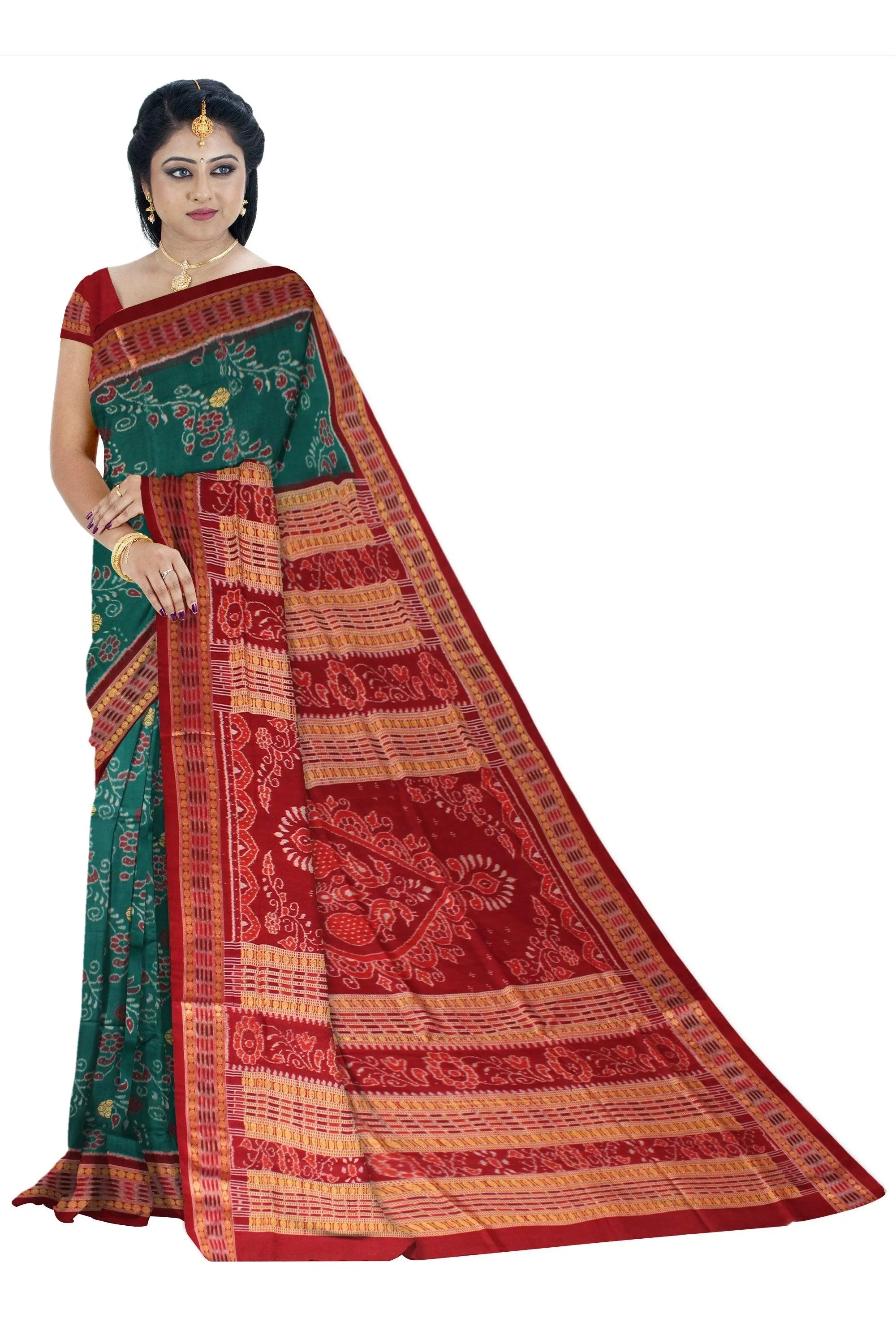 Latest design Sambalpuri Saree in Dark Green and Maroon Pallu with blouse piece. - Koshali Arts & Crafts Enterprise