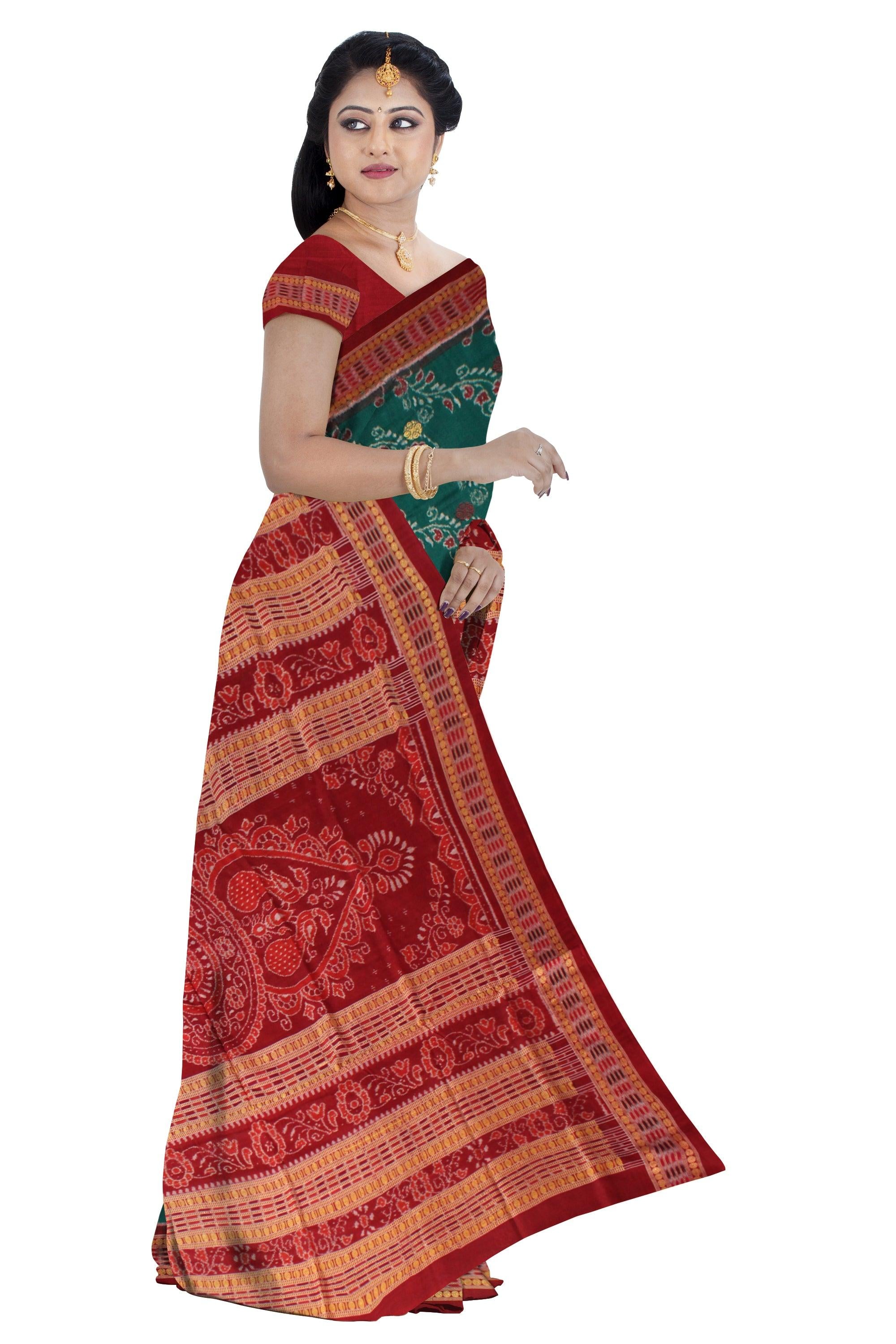 Latest design Sambalpuri Saree in Dark Green and Maroon Pallu with blouse piece. - Koshali Arts & Crafts Enterprise