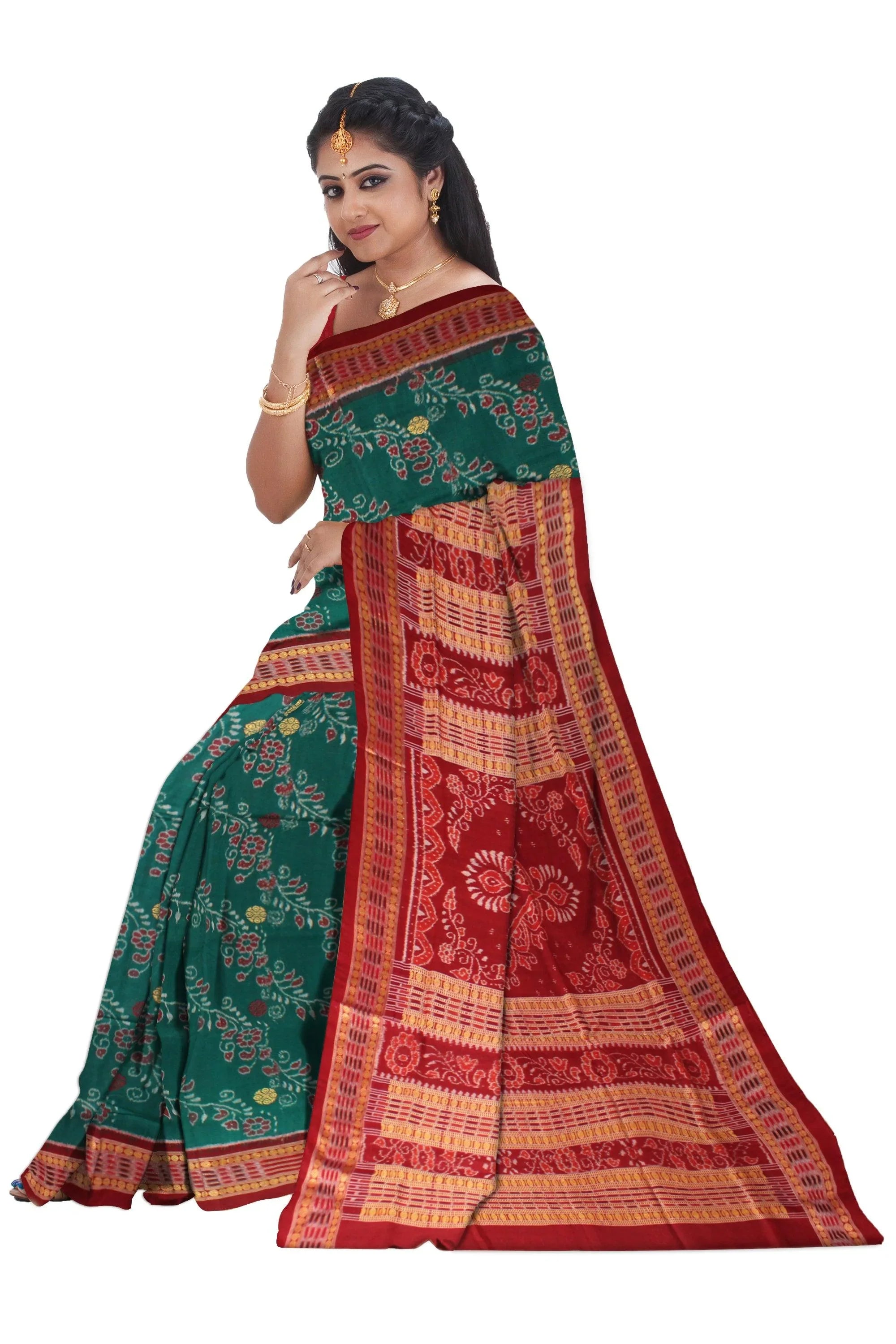 Latest design Sambalpuri Saree in Dark Green and Maroon Pallu with blouse piece. - Koshali Arts & Crafts Enterprise