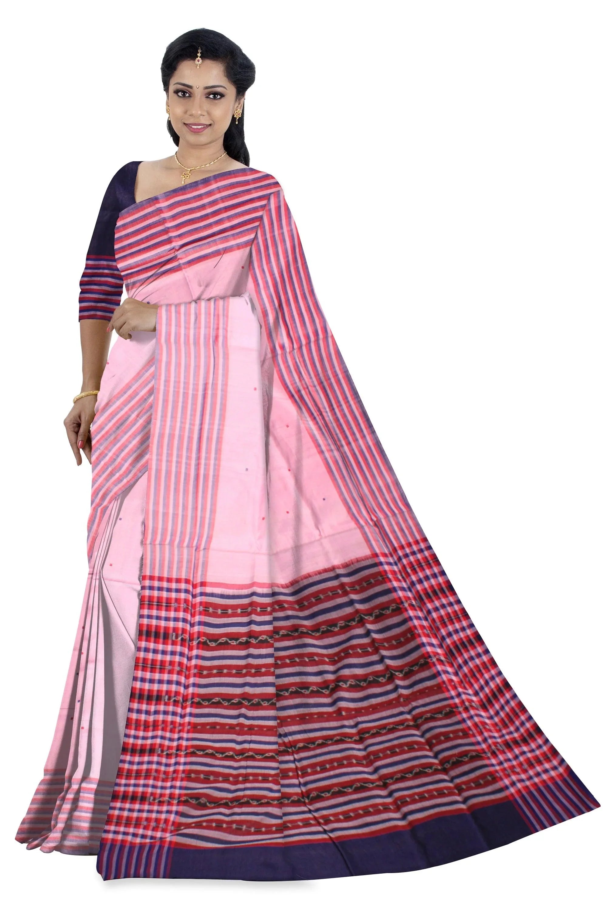 Baby Pink color Sambalpuri cotton saree in Plain design with blouse piece. - Koshali Arts & Crafts Enterprise