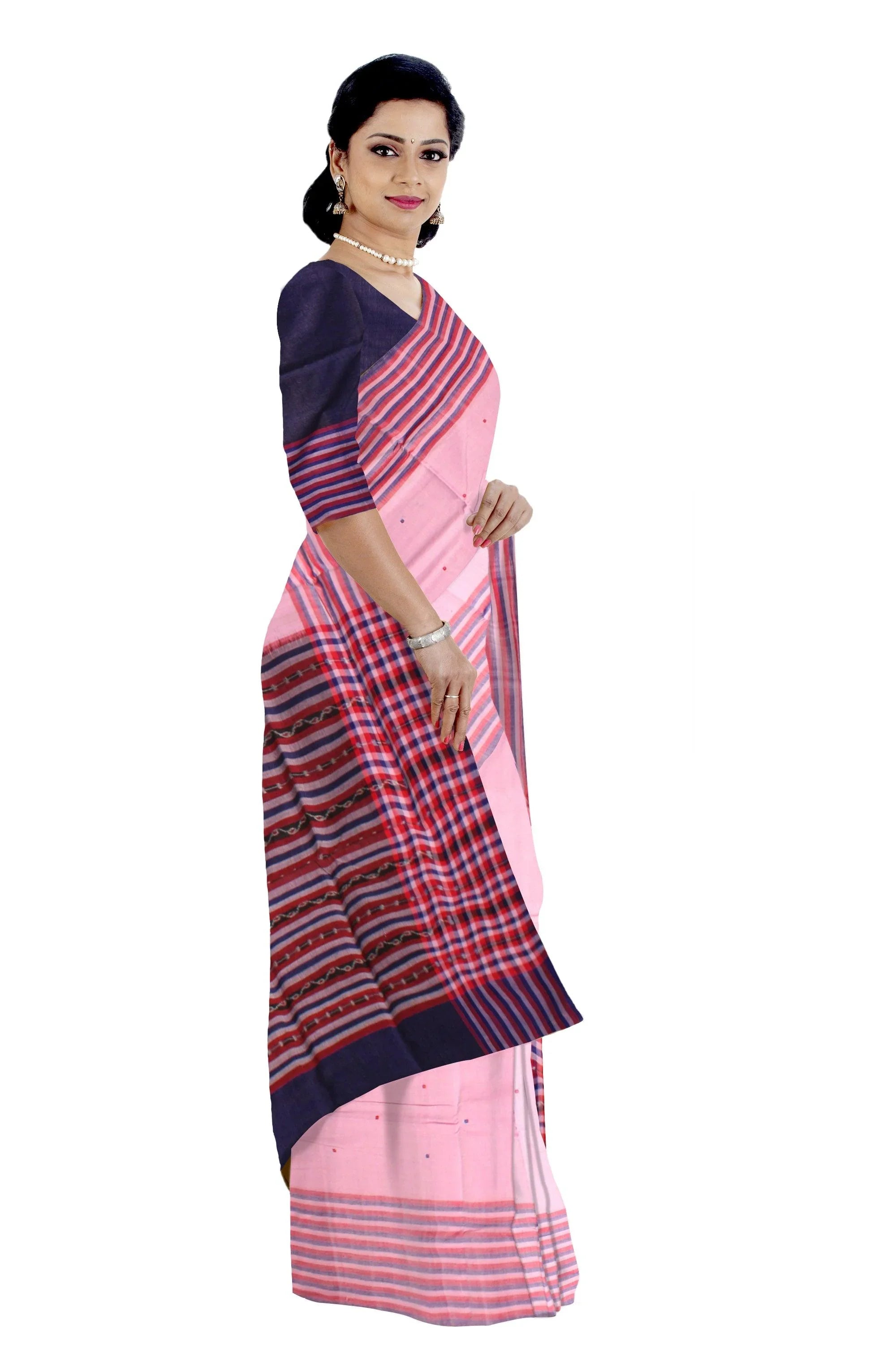 Baby Pink color Sambalpuri cotton saree in Plain design with blouse piece. - Koshali Arts & Crafts Enterprise
