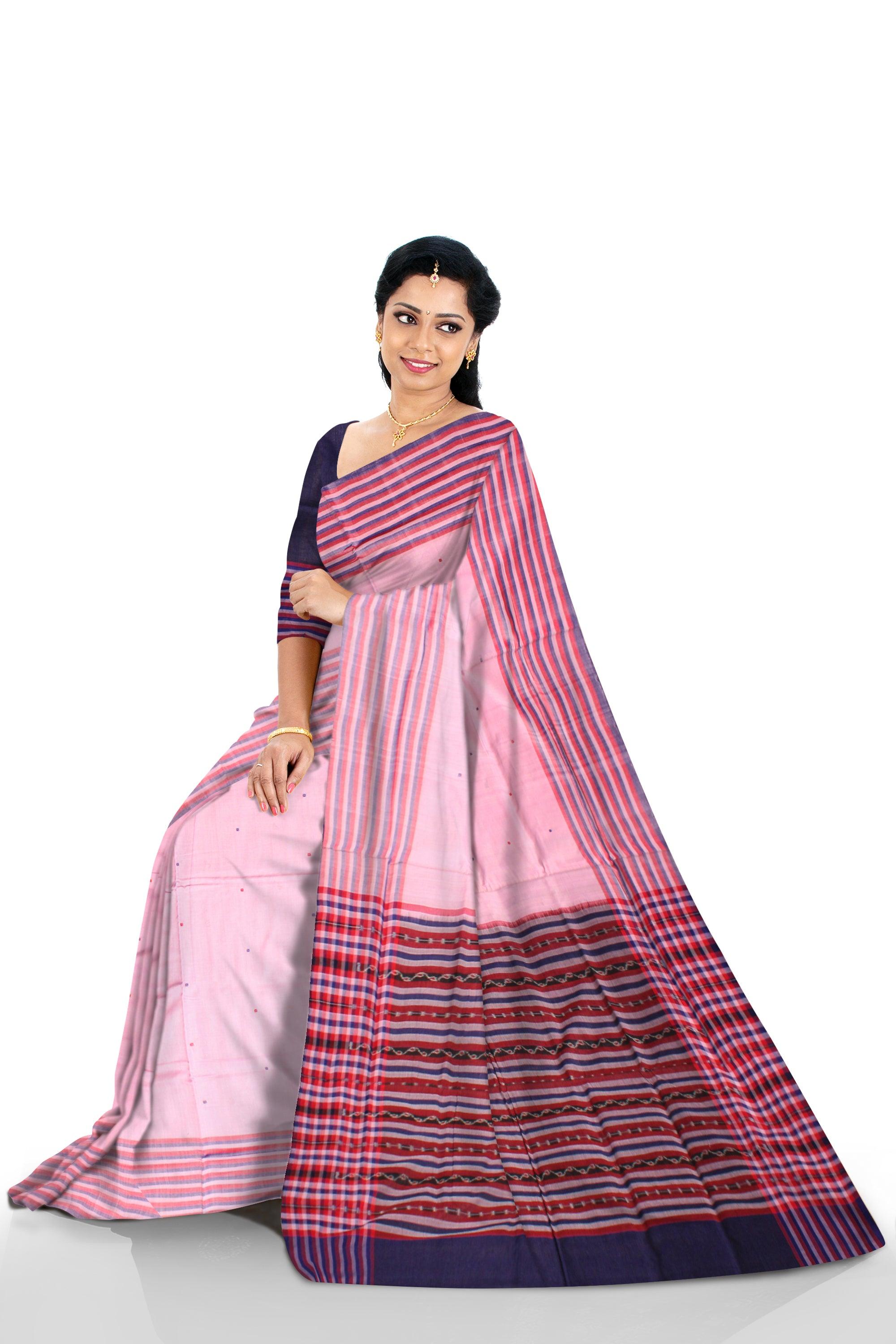 Baby Pink color Sambalpuri cotton saree in Plain design with blouse piece. - Koshali Arts & Crafts Enterprise