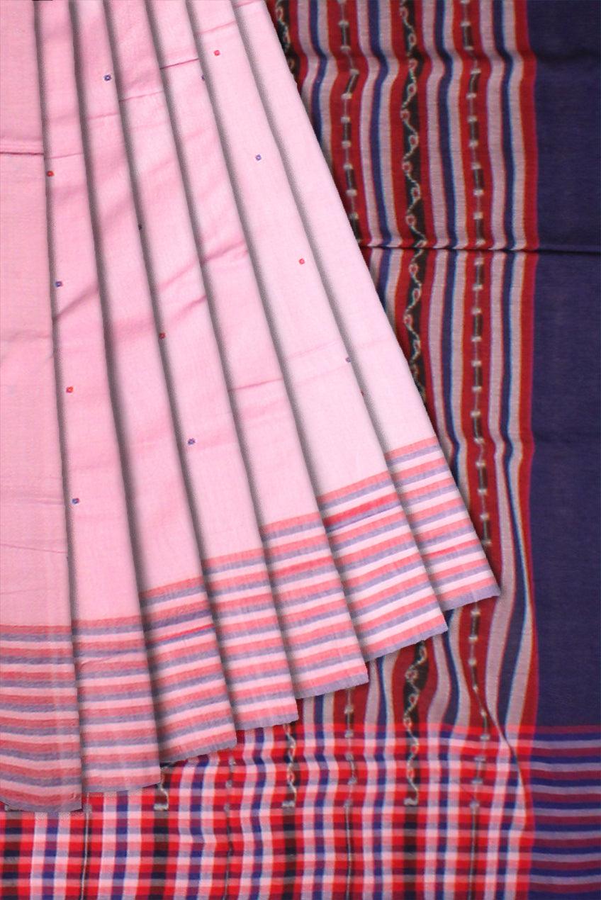 Baby Pink color Sambalpuri cotton saree in Plain design with blouse piece. - Koshali Arts & Crafts Enterprise