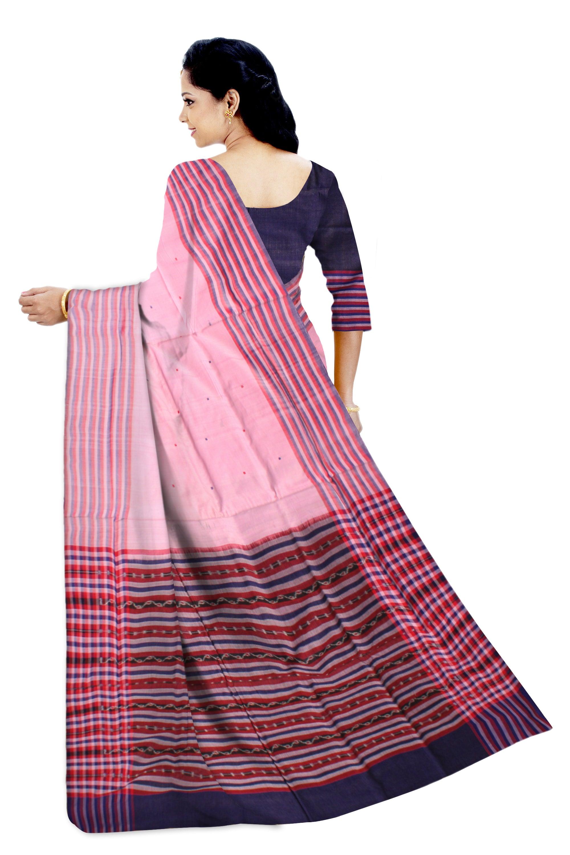 Baby Pink color Sambalpuri cotton saree in Plain design with blouse piece. - Koshali Arts & Crafts Enterprise