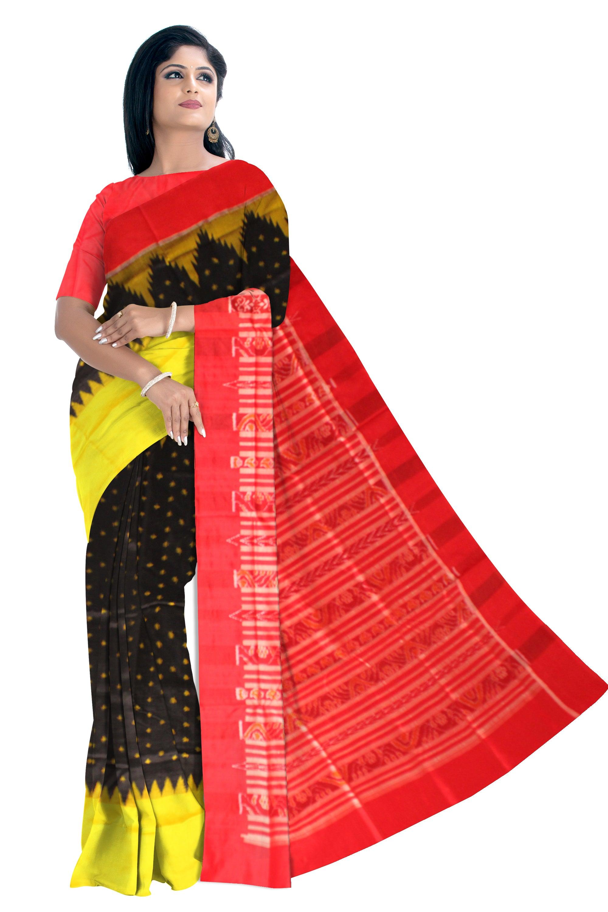 Original Silk Saree in Black color with Yellow dots in Body and Border Yellow and Maroon with blouse piece. - Koshali Arts & Crafts Enterprise