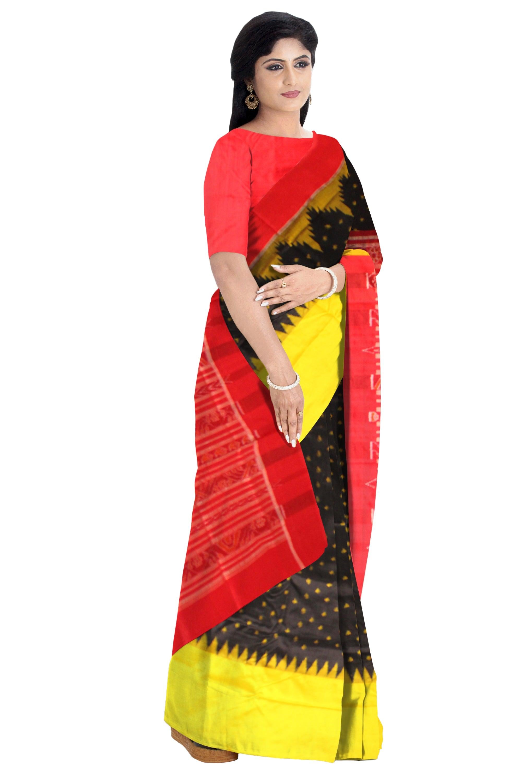 Original Silk Saree in Black color with Yellow dots in Body and Border Yellow and Maroon with blouse piece. - Koshali Arts & Crafts Enterprise
