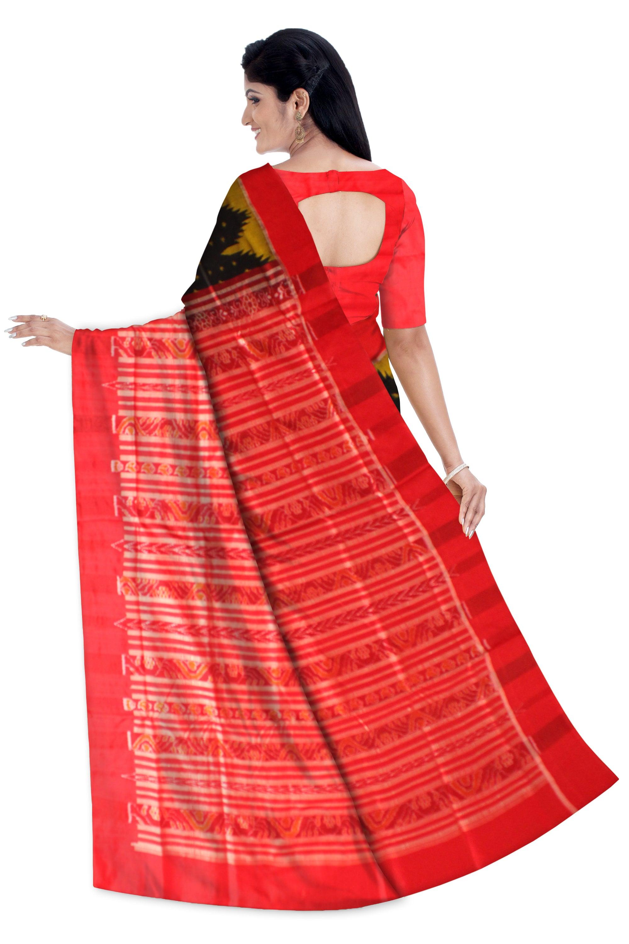 Original Silk Saree in Black color with Yellow dots in Body and Border Yellow and Maroon with blouse piece. - Koshali Arts & Crafts Enterprise